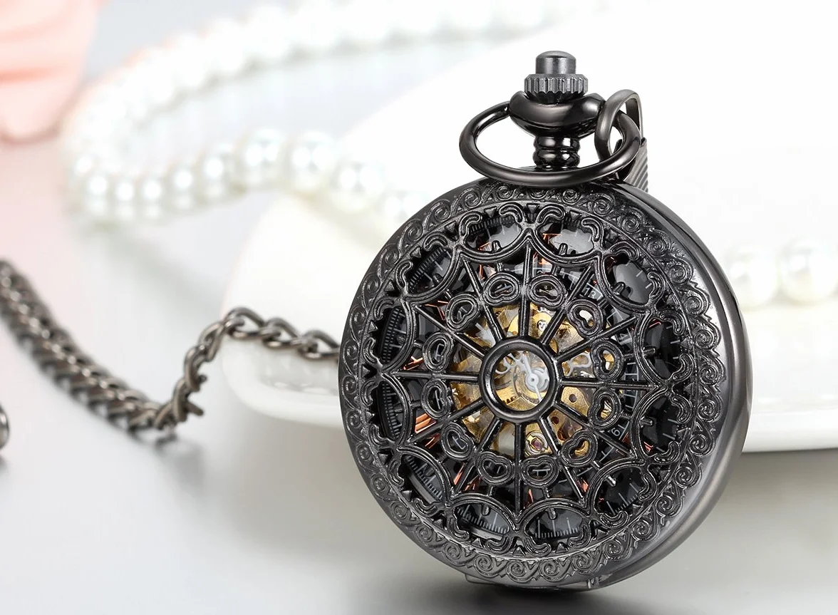JewelryWe Retro zębatka zębata wysoka ażurowa ręczna nakręcana mechaniczny zegarek kieszonkowy szkielet zegarek sweter naszyjnik łańcuszek