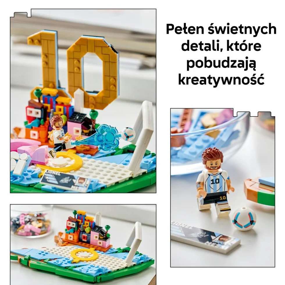 LEGO Editions Lionel Messi — piłkarskie momenty, zestaw klocków dla dzieci, piłkarska dekoracja z kolekcjonerską płytką i minifigurką, sportowy prezent dla chłopców i dziewczynek od 10 lat 43011