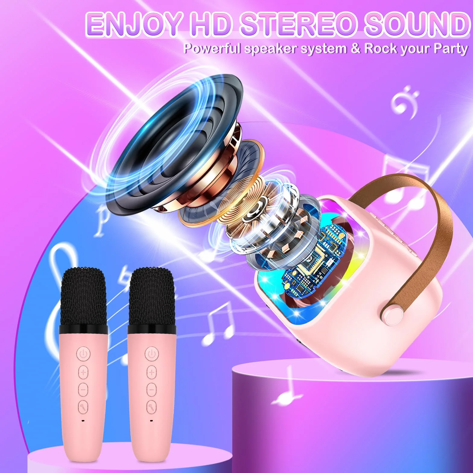 Maszyna do karaoke z 2 bezprzewodowymi mikrofonami, przenośna, Bluetooth, zabawka elektroniczna z efektami świetlnymi LED, prezent dla dzieci w wieku 3-18 lat, dla chłopców, dziewcząt