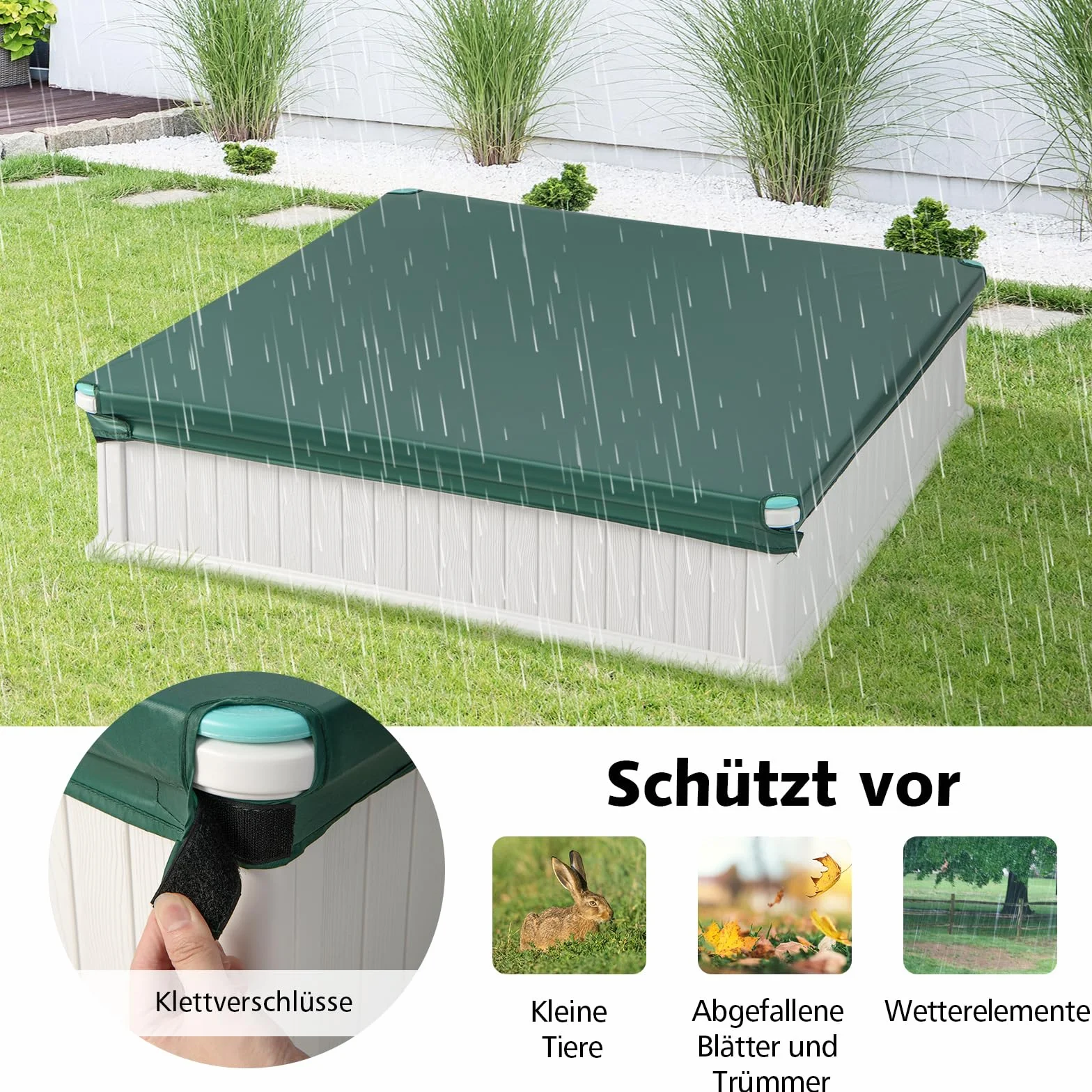 COSTWAY Piaskownica dziecięca z drewna, piaskownica 123,5 x 123,5 x 31,5 cm z 4 wbudowanymi siedzeniami, kwadratowa piaskownica HDPE do ogrodu, na trawnik (biała)