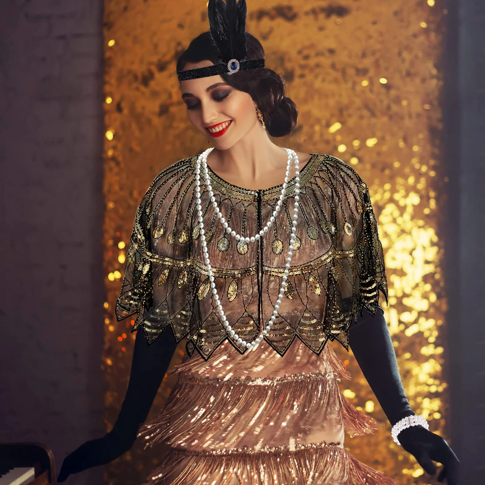 PLULON Zestaw akcesoriów Flapper z lat 20. XX wieku, dla kobiet, sukienki Great Gatsby, cekiny, szal, chusty, sukienki na imprezę w stylu lat 20