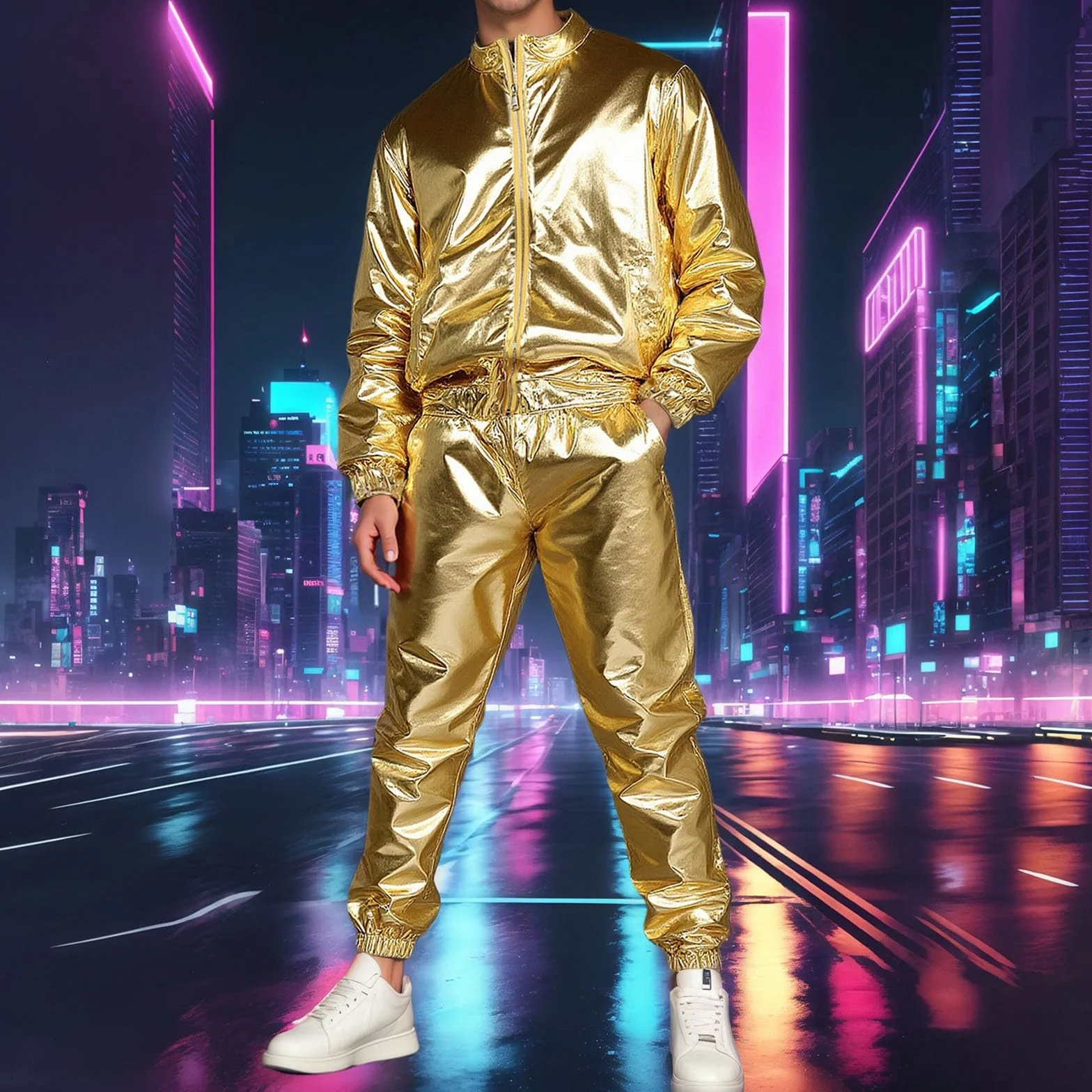 Generisch Męski damski strój dyskotekowy w stylu lat 80., brokatowy dres treningowy, strój partnerski, kurtka i spodnie, na karnawał, formalny kostium karnawałowy, hip hop, odzież klubowa