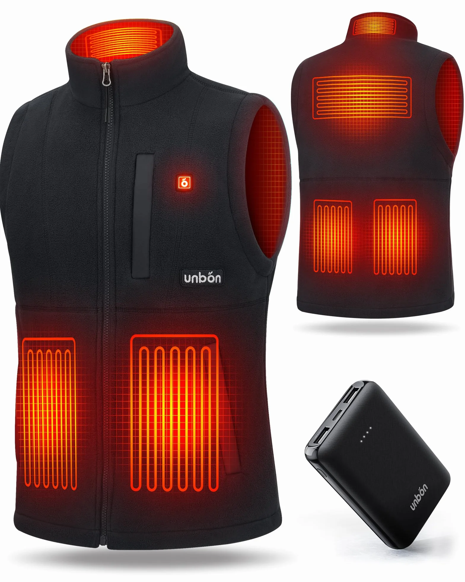 UNBON Ogrzewana kamizelka z polaru, kamizelka grzewcza dla mężczyzn, z powerbankiem 10000 mAh, USB, podgrzewana kamizelka z 3 temperaturami, 6 stref grzewczych