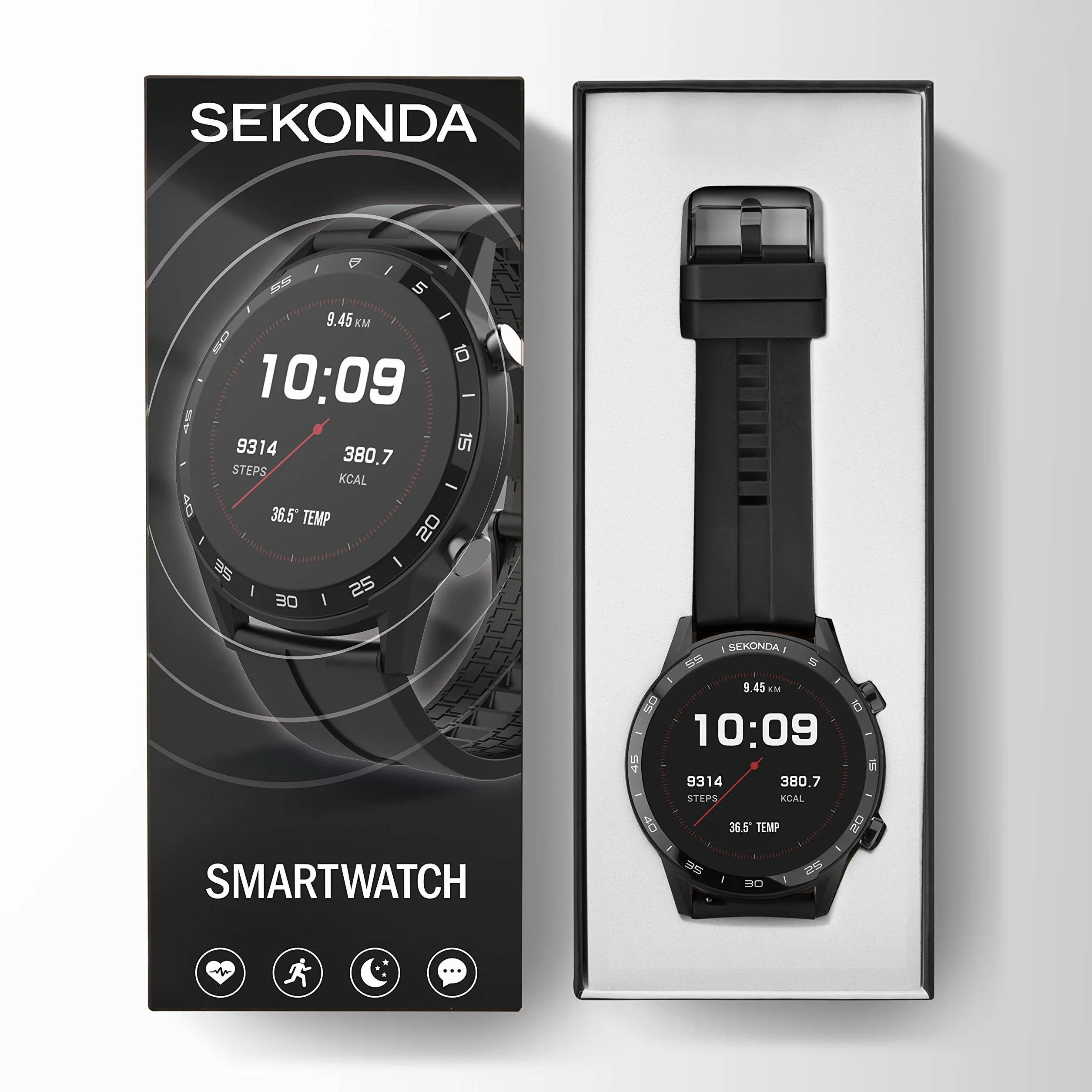 Sekonda Męski smartwatch 45 mm z pulsometrem i monitorem snu, codzienna aktywność, sport, muzyka, funkcja pogody i wiadomości, z gumowym paskiem., Czarny, Casual
