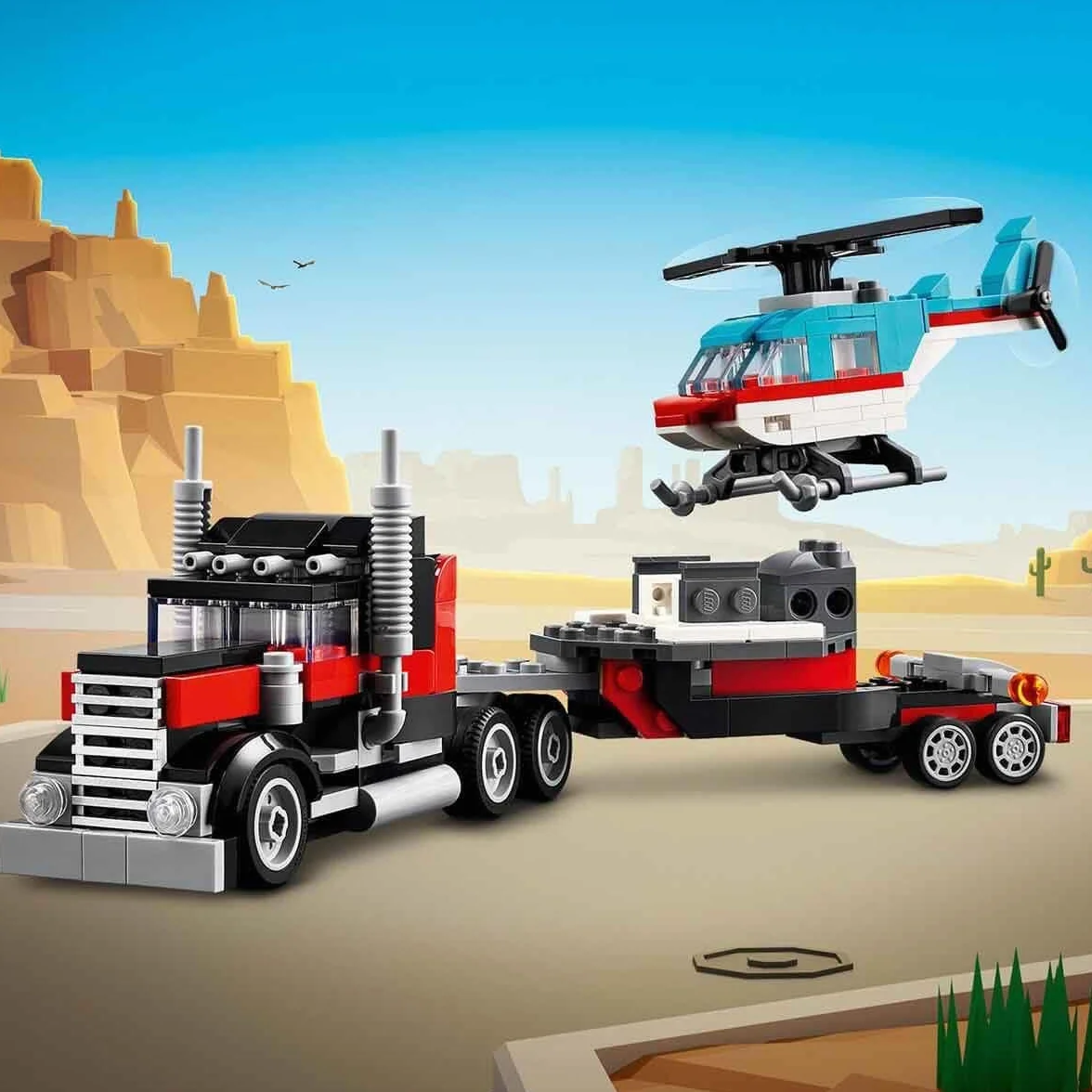LEGO Creator 3w1 Ciężarówka z platformą i helikopterem do przebudowania na śmigłowiec i cysternę oraz w hot roda i SUV-a, zabawka i prezent dla dzieci, dla 7-latka, chłopca i dziewczynki, 31146