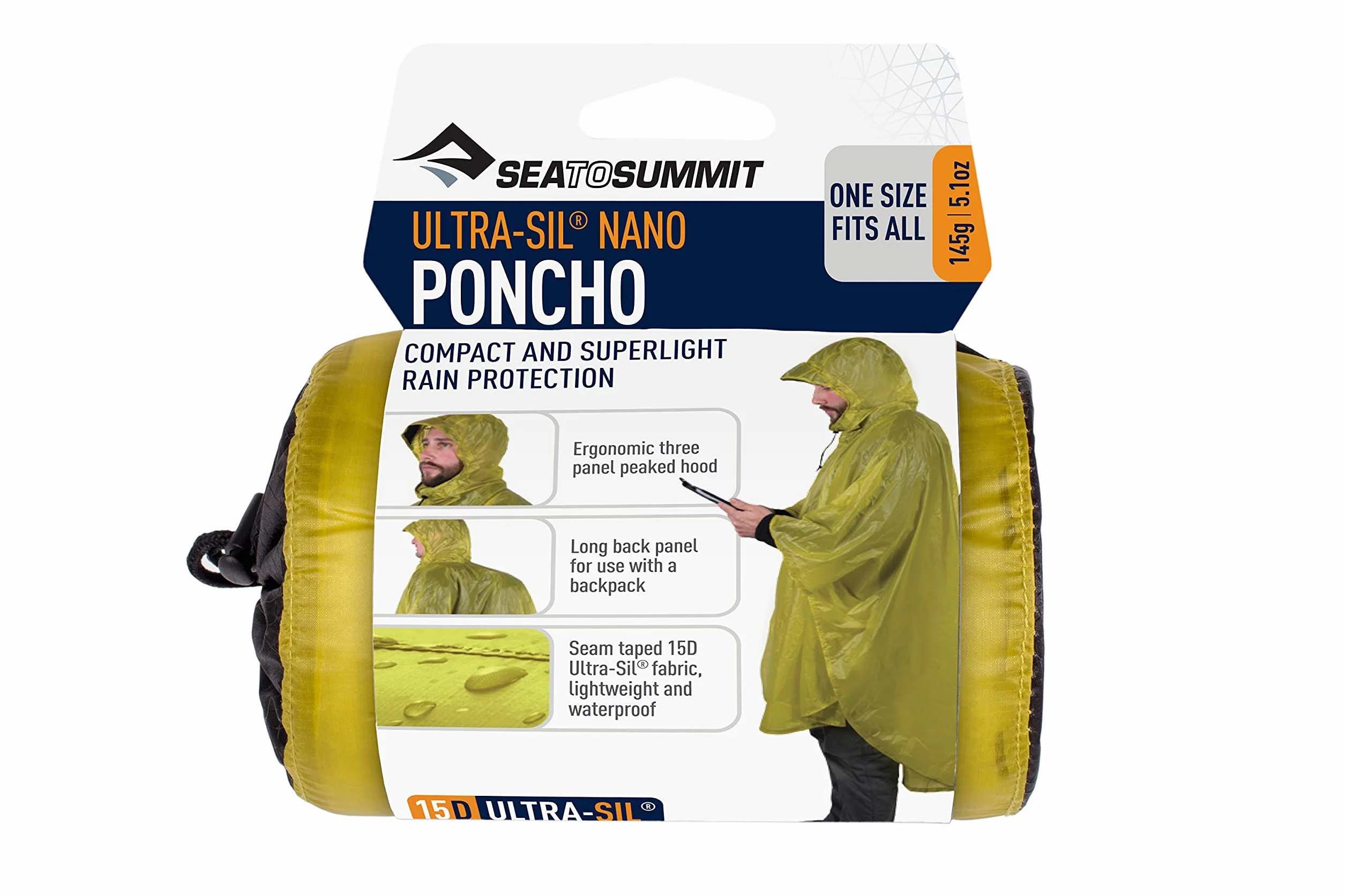 Sea to Summit - Ultra-Sil Nano ponczo – ultralekka i wodoszczelna peleryna przeciwdeszczowa – z kapturem – podwójna ochrona przed deszczem i worek do spakowania – wędrówki – 145 g