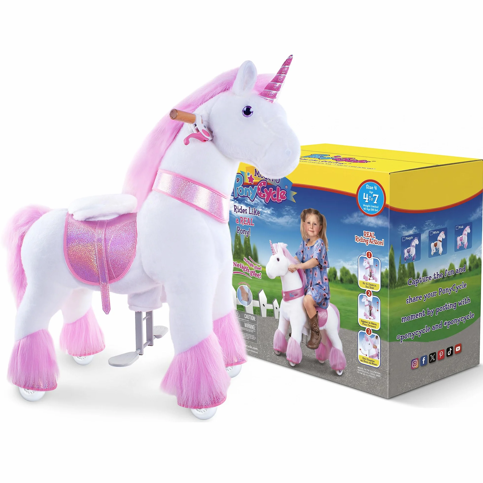PonyCycle Klasyczny Model U jazda na jednorożcu, pluszak, jednorożec na kółkach (z hamulcem i dźwiękiem/90 cm wysokości/Rozmiar 4 dla wieku 4-7 lat), Różowy Jednorożec Ux402