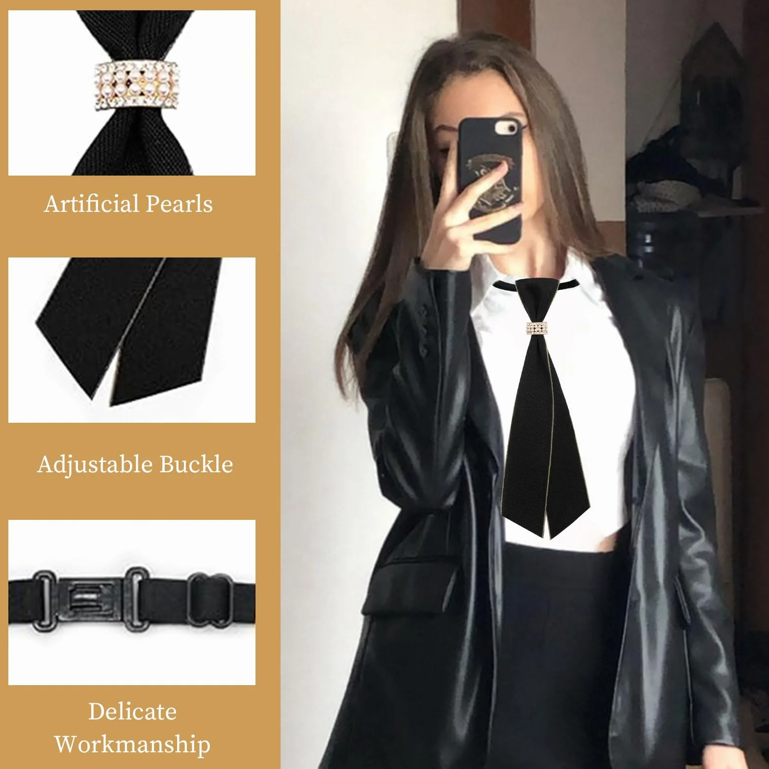 Damskie krawaty z perłami, krawaty Y2K, wstępnie zawiązane, regulowane dla kobiet, dziewcząt, mundurki szkolne, koszule, garnitury, kostiumy cosplay