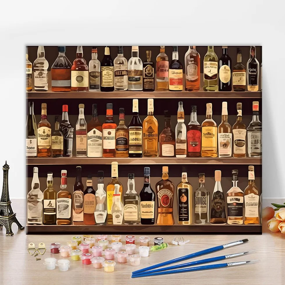 TISHIRON Butelka na alkohol, malowanie według liczb dla dorosłych, malowanie według liczb na płótnie dla początkujących whiskey, zestawy do malowania akrylowego do dekoracji ścian w domu, barze, pubie