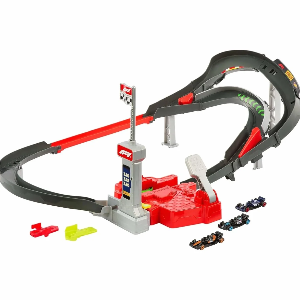 Hot Wheels Racing Formuła 1 Tor wyścigowy Sprint F1 Zestaw do zabawy + 3 metalowe samochody zabawki w skali 1:64 drużyn McLaren, Alpine i VCARB, zabawka dla dzieci 4+, JDY15