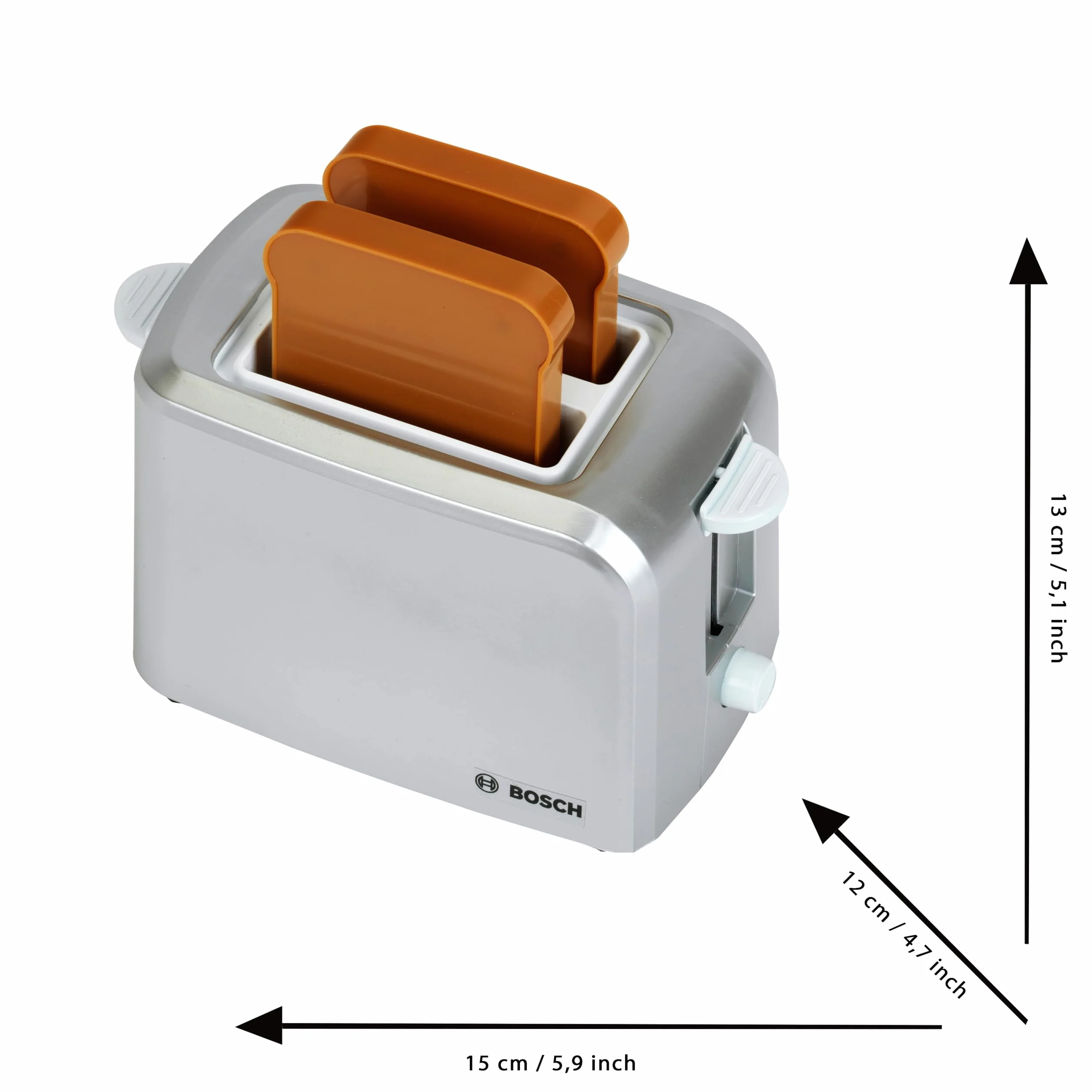 Theo Klein 9210 Bosch Toster z funkcj mechanicznego opiekania I W zestawie 2 zabawkowe tosty I Wymiary: 15 cm x 12 cm x 10,5 cm I Zabawki do dzieci od 3. roku ycia