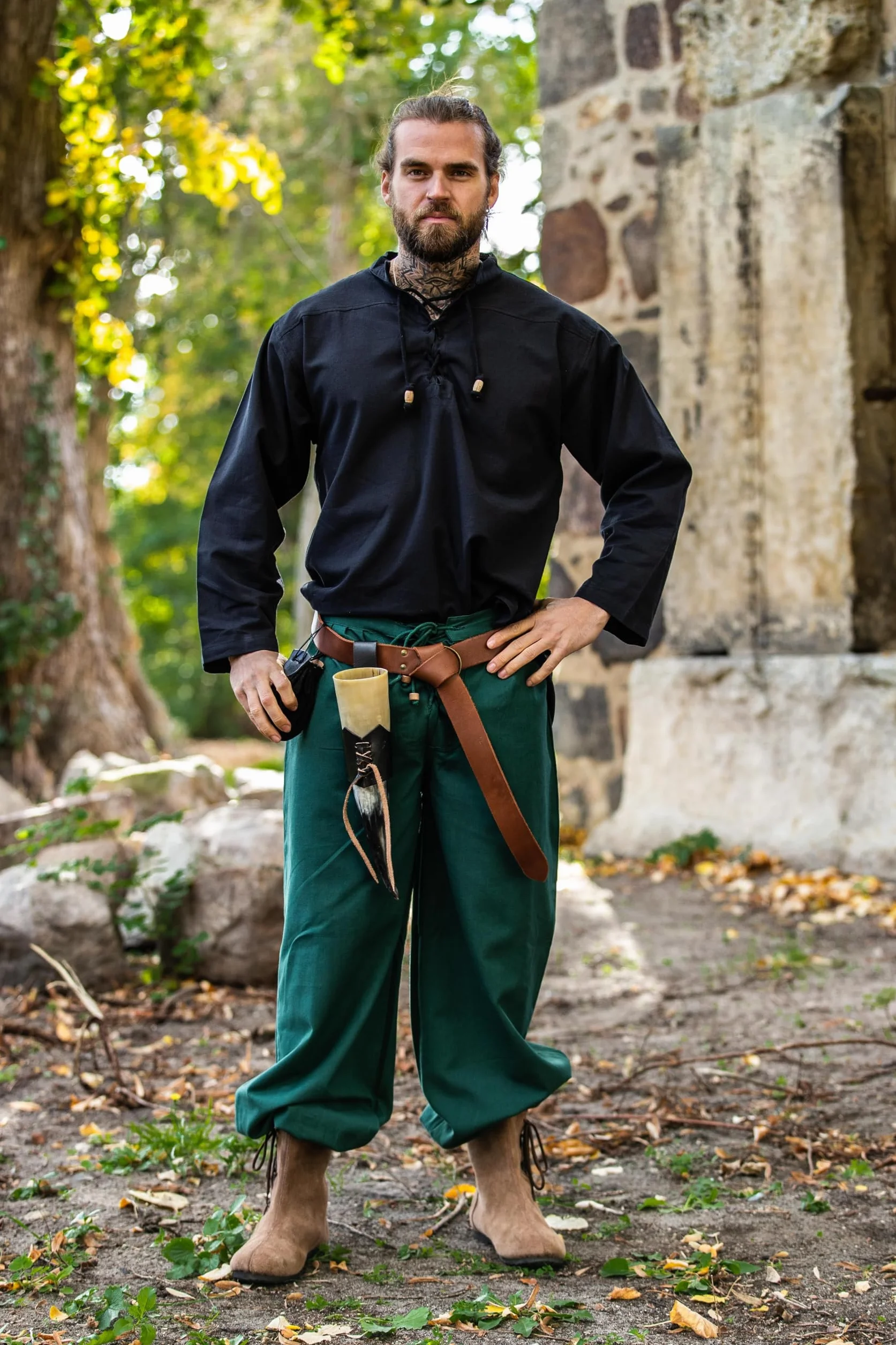 Leonardo Carbone® Średniowieczna koszula Ansbert - średniowieczna odzież, średniowieczna koszula męska, odzież LARP, strój festiwalowy, kostium karnawałowy, koszule rekreacyjne z długim rękawem - 100%