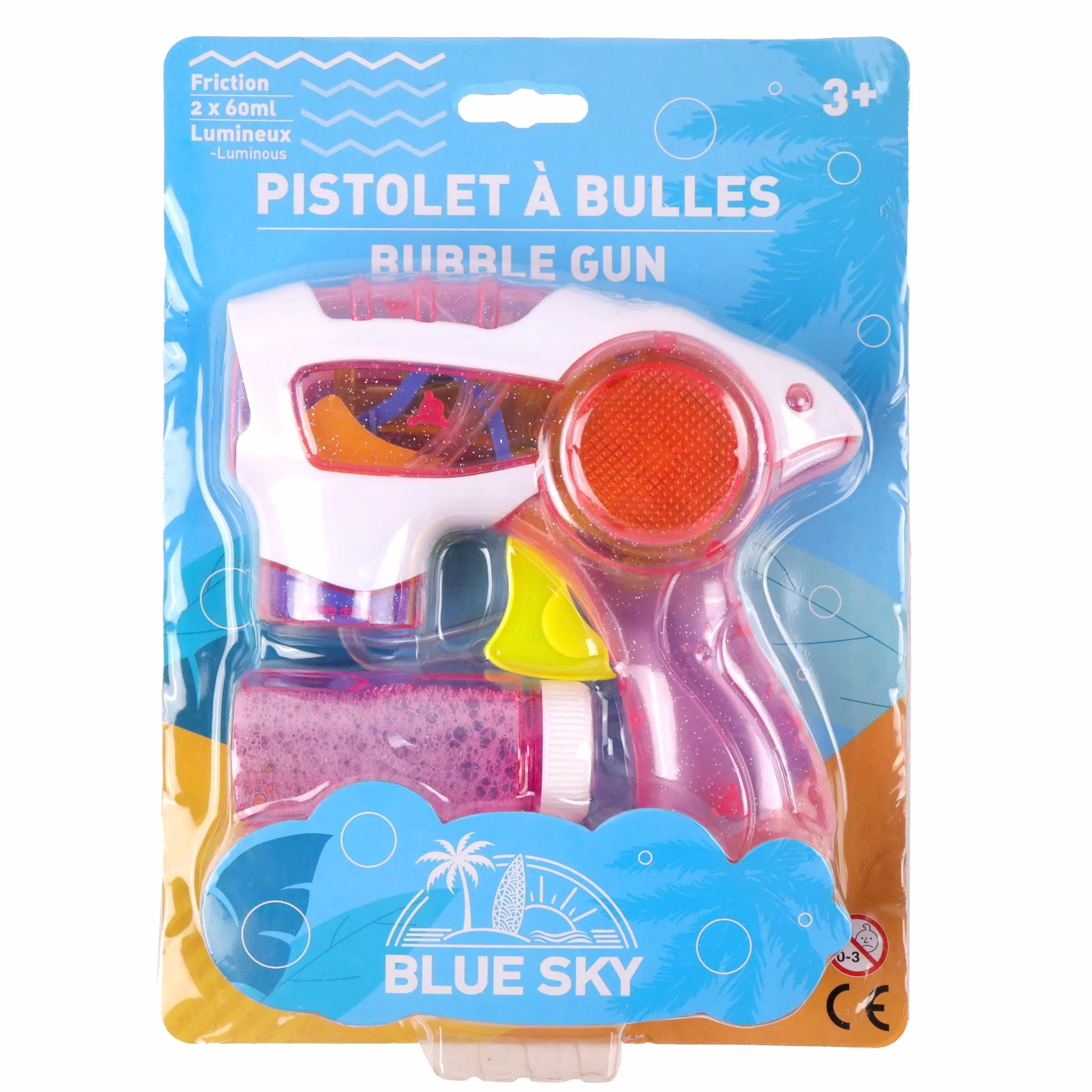 BLUE SKY - Pistolet do baniek na frikcję - Bańki mydlane - 048601 - Losowy kolor - Świecący - Plastik - 15 cm x 15 cm - Zabawka dla dzieci - Gra na świeżym powietrzu - Gra letnia - Od 3 lat