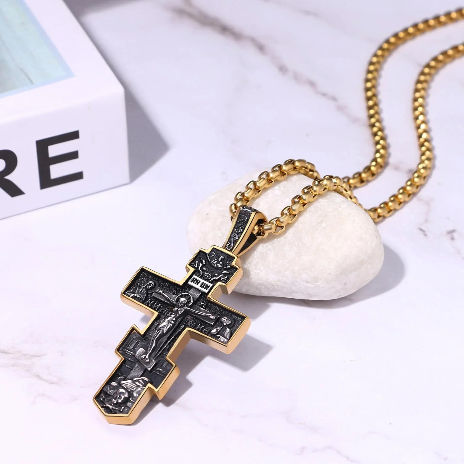 JewelryWe Biżuteria męska zawieszka łańcuszek ze stali nierdzewnej duży katolicki Jezus Chrystus INRI krucyfiks krzyż wisiorek z łańcuszkiem weneckim 55 cm srebrny/złoty