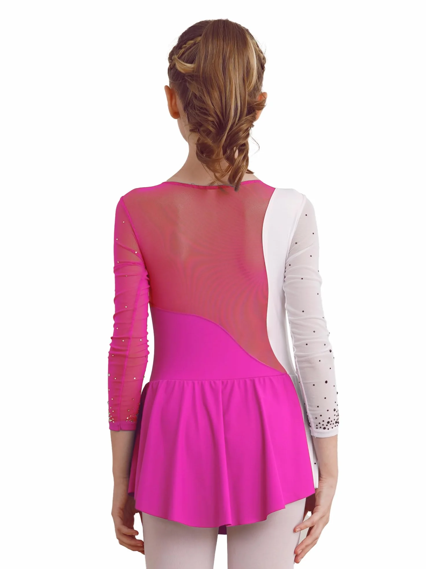 CHICTRY Sukienka do jazdy na łyżwiarstwie figurowym, dla dziewcząt, stras, brokatowa, baleriny, sukienka dziecięca, z długim rękawem, strój baletowy, patchwork, body z asymetryczną spódnicą kopertową