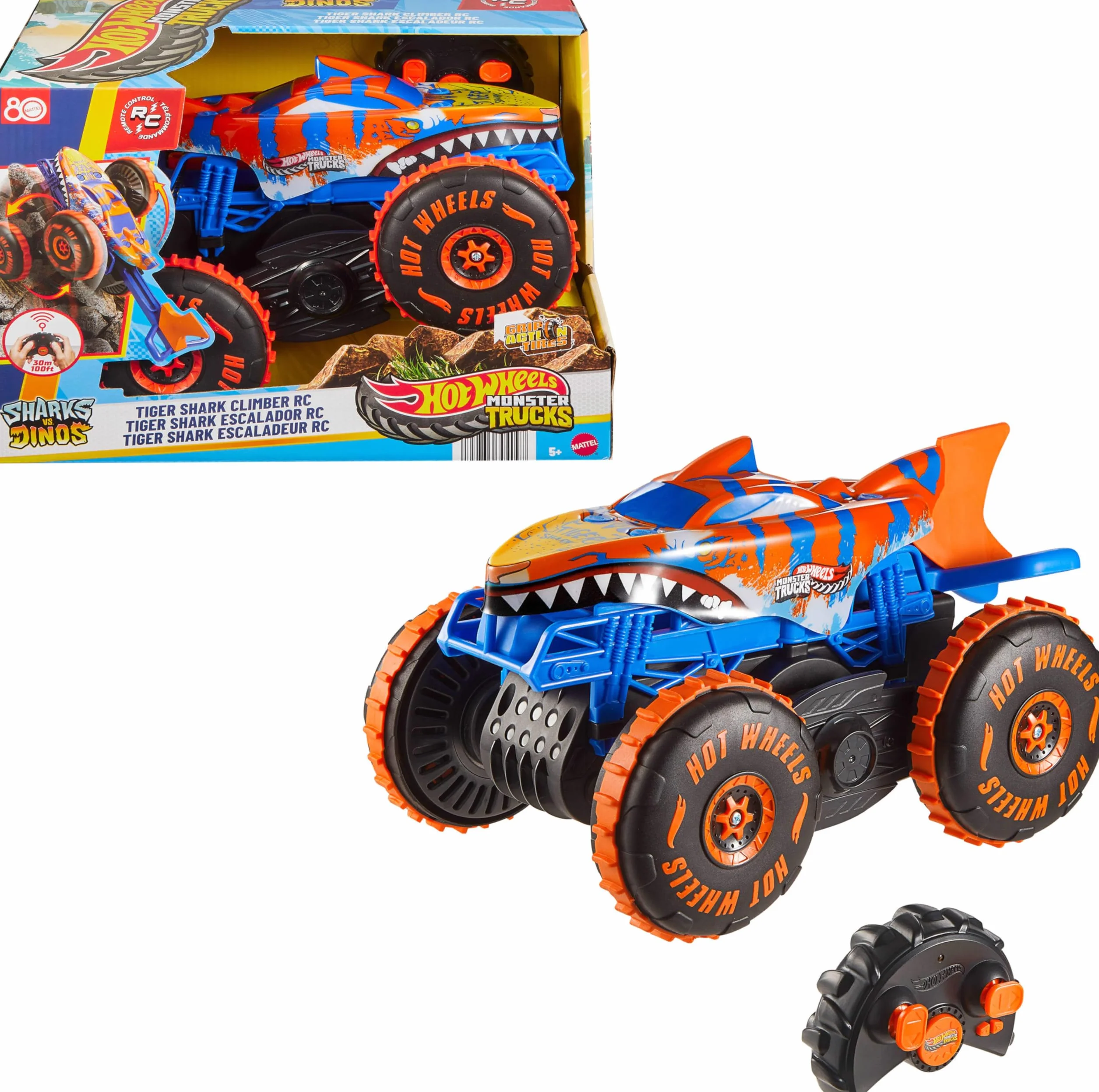 Hot Wheels Monster Trucks RC Tiger Shark Wspinacz Duży pojazd zdalnie sterowany z 3 trybami zabawy do wyścigów, wspinaczki i popisów kaskaderskich, zabawka rajdowa dla dzieci, JFR39