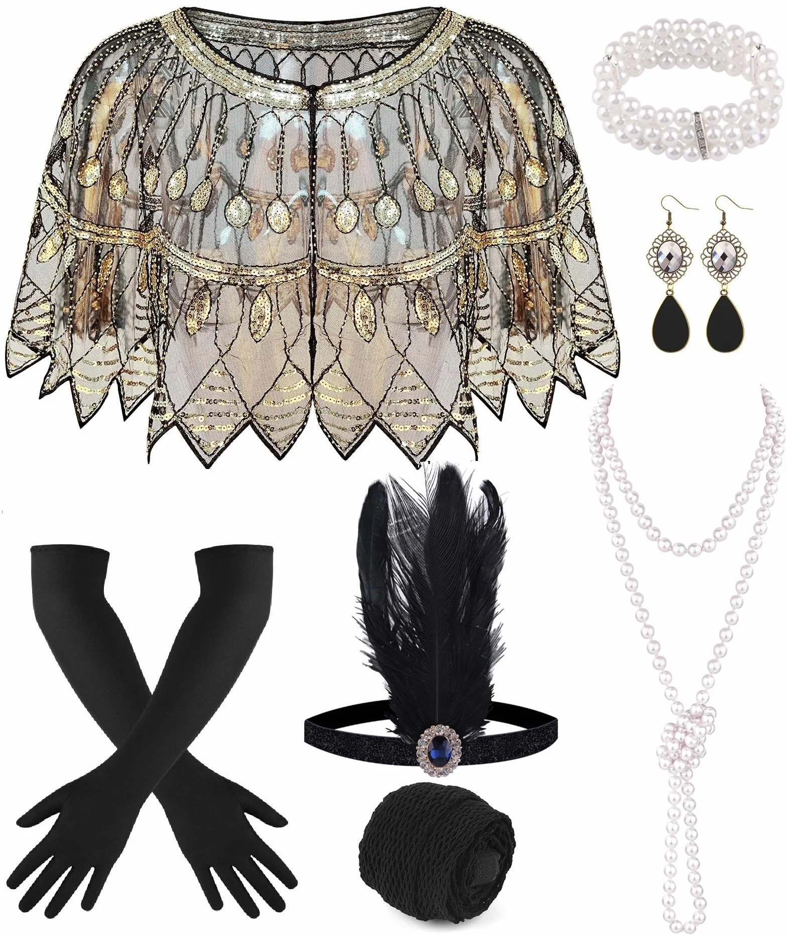 PLULON Zestaw akcesoriów Flapper z lat 20. XX wieku, dla kobiet, sukienki Great Gatsby, cekiny, szal, chusty, sukienki na imprezę w stylu lat 20