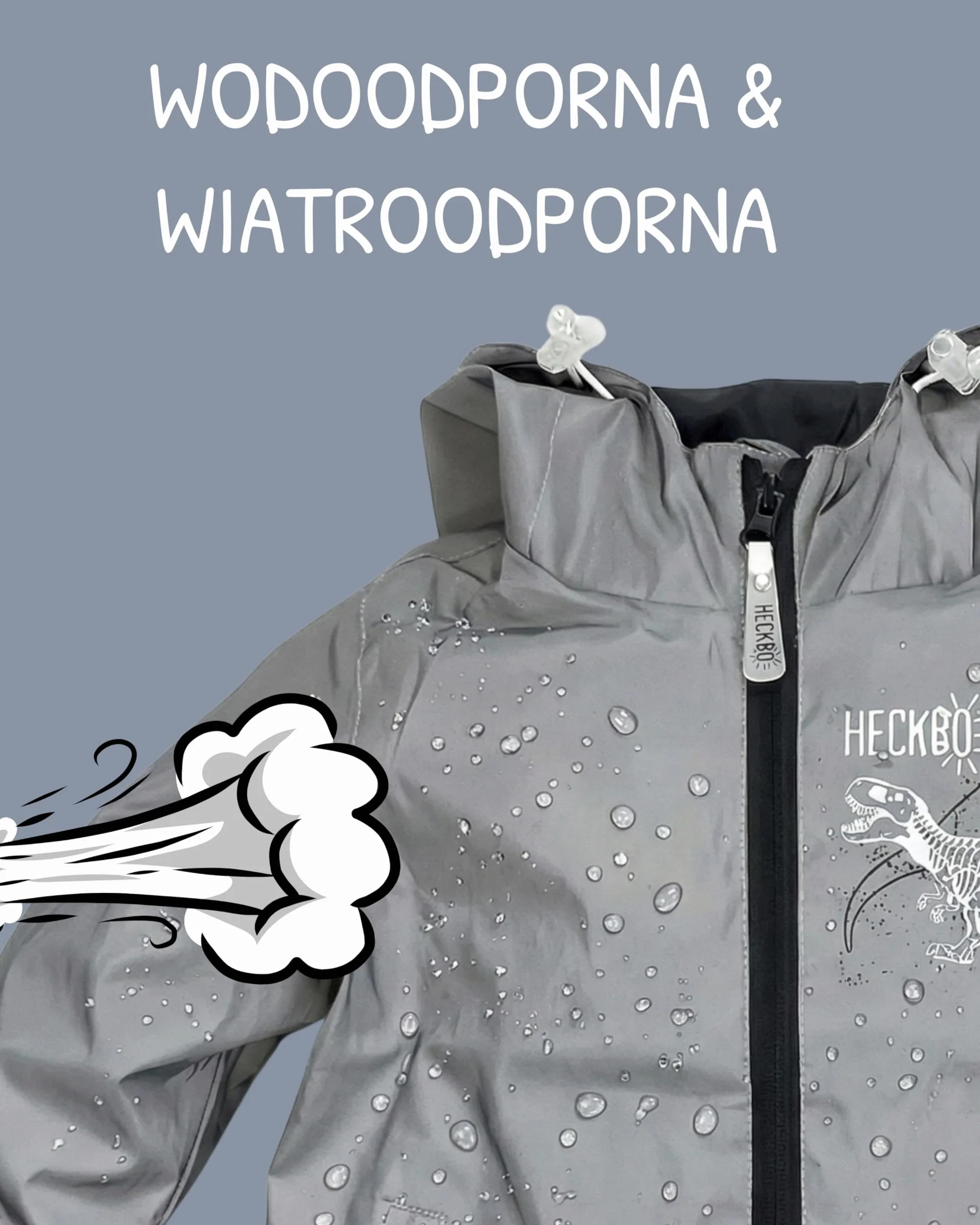 HECKBO kurtka przeciwdeszczowa i wiatroszczelna dla chłopców z motywem dinozaura – materiał odblaskowy – wiek 3–6 lat – wodoodporna i wiatroszczelna