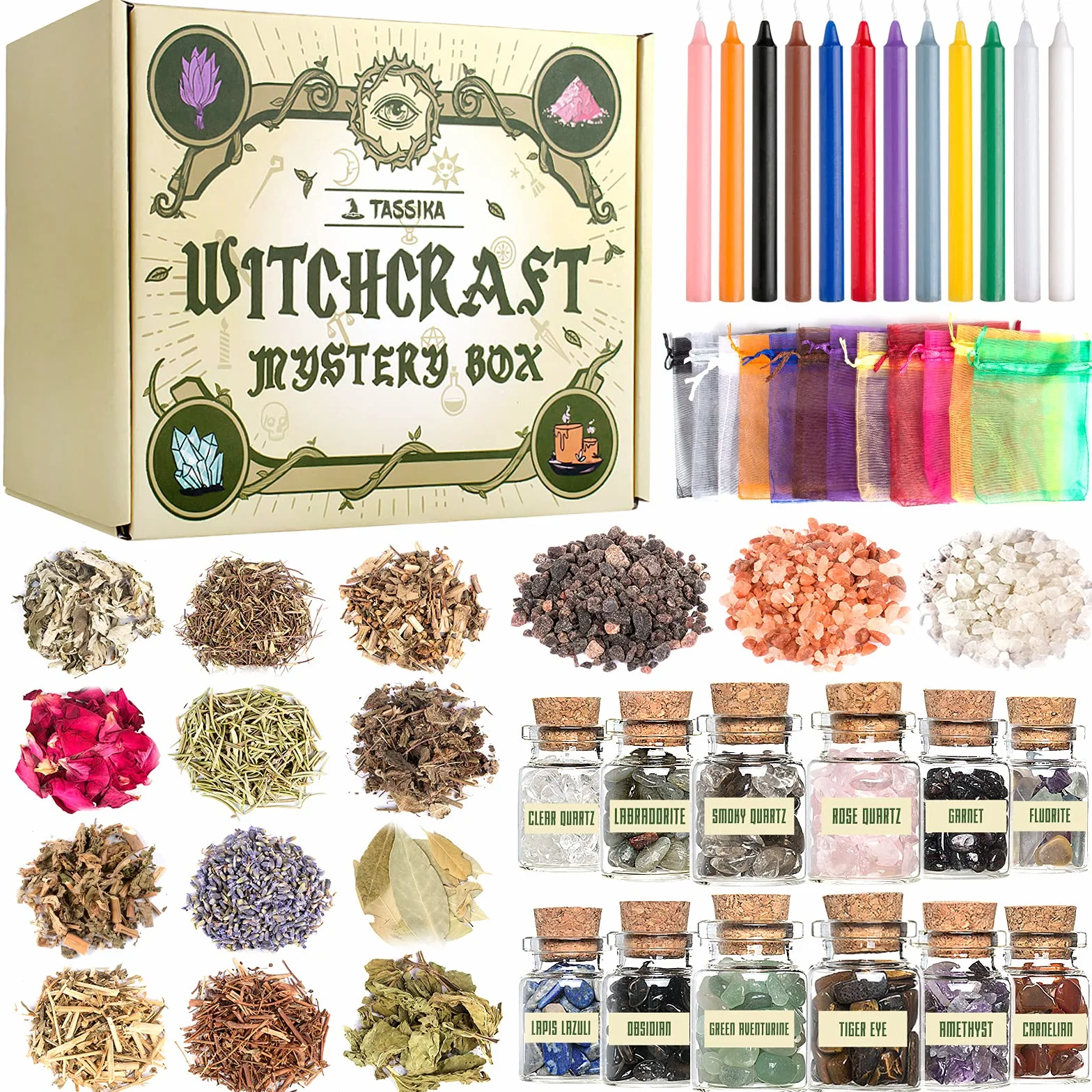 Hexenbastel-Starter-Set, Hexenzubehör für Wicca-Altar- 63 Stück Kristalle, getrocknete Kräuter, farbige Zauberkerzen, Charmtüten und Ritual Hexensalz für Zaubersprüche, Babyhexen