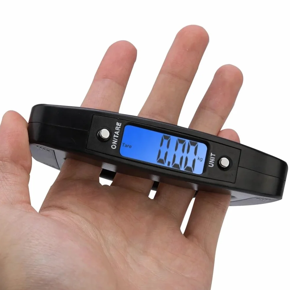 Cyfrowa waga walizkowa z wyświetlaczem LCD, pojemność 50 kg, funkcja Tara, podświetlenie, kolor czarny