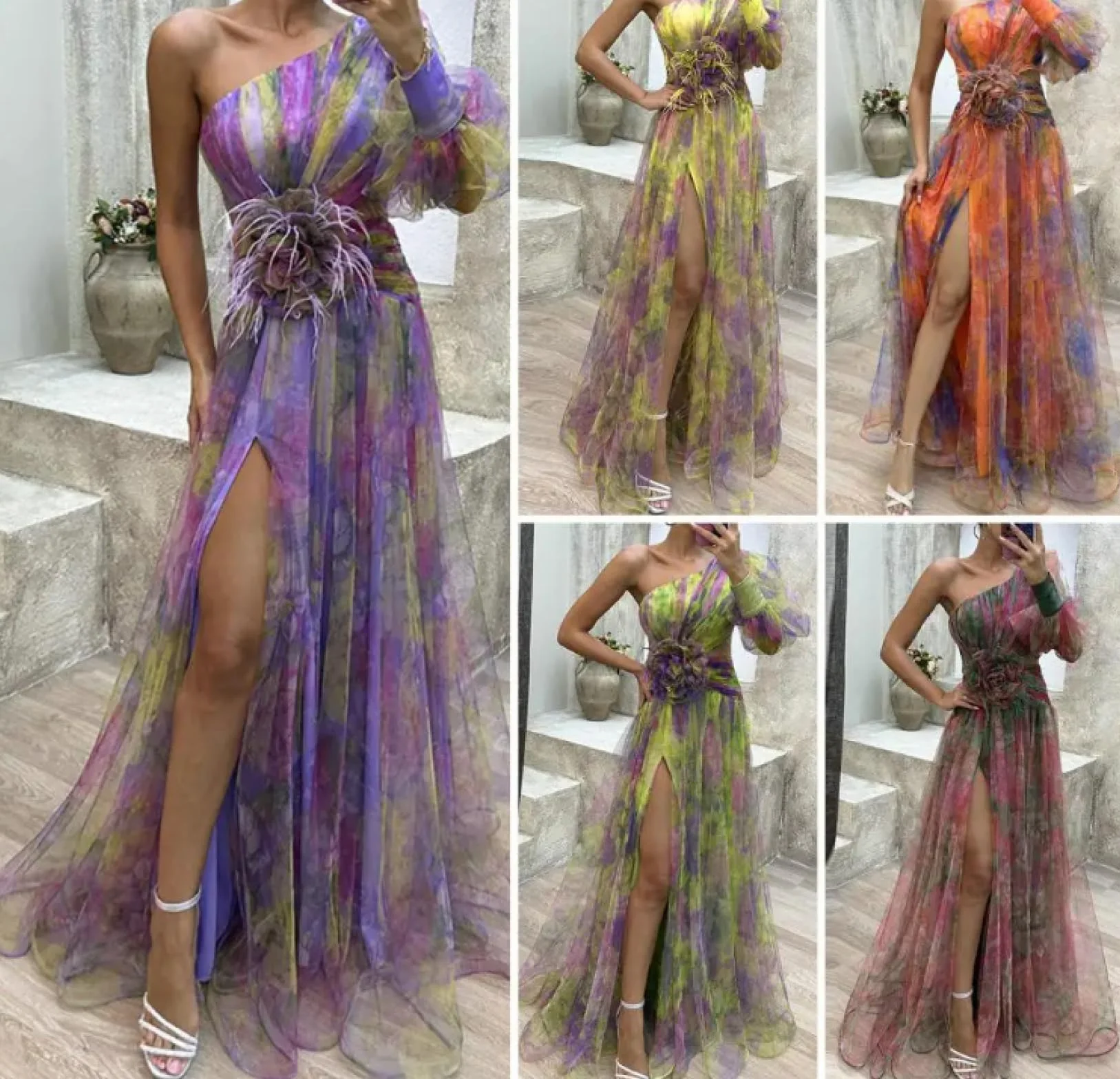 Sukienki dla kobiet elegancka damska suknia wieczorowa na jedno ramię warstwowa tie-dye nadruk kwiatowy róża siatka podzielony brzeg suknia balowa sukienka