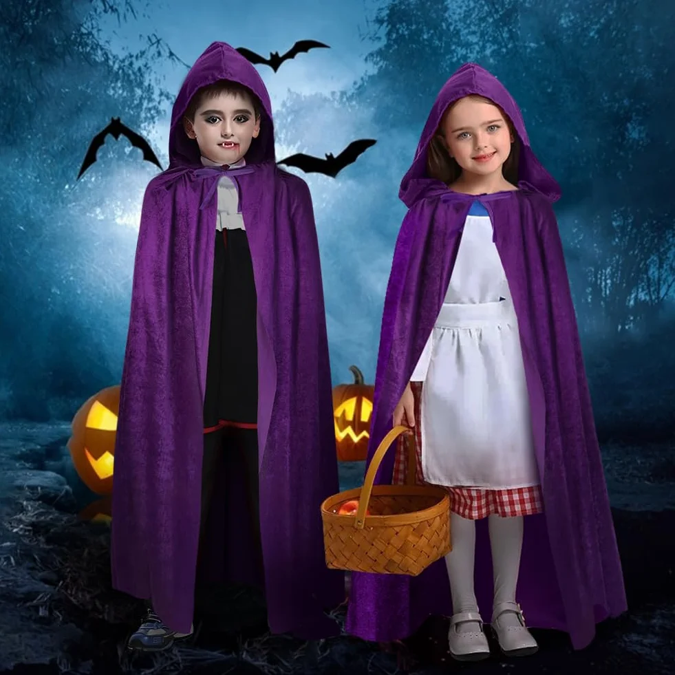 AOOWU Halloweenowa peleryna z kapturem, czarownica, akcesoria do cosplay, kostium dla dzieci, ponury żniwiarz, peleryna, długi płaszcz dla wampira, na Halloween, imprezę rodzinną, fantazyjny kostium,