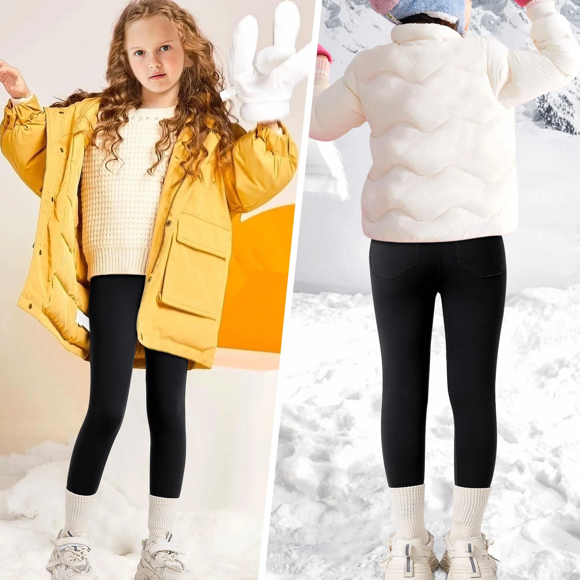 Legginsy termiczne dla dziewcząt i dzieci, z podszewką, legginsy termiczne z kieszeniami, wysoki stan, polar, ciepłe spodnie, elastyczne, długie spodnie termiczne, na zimę, bielizna termiczna
