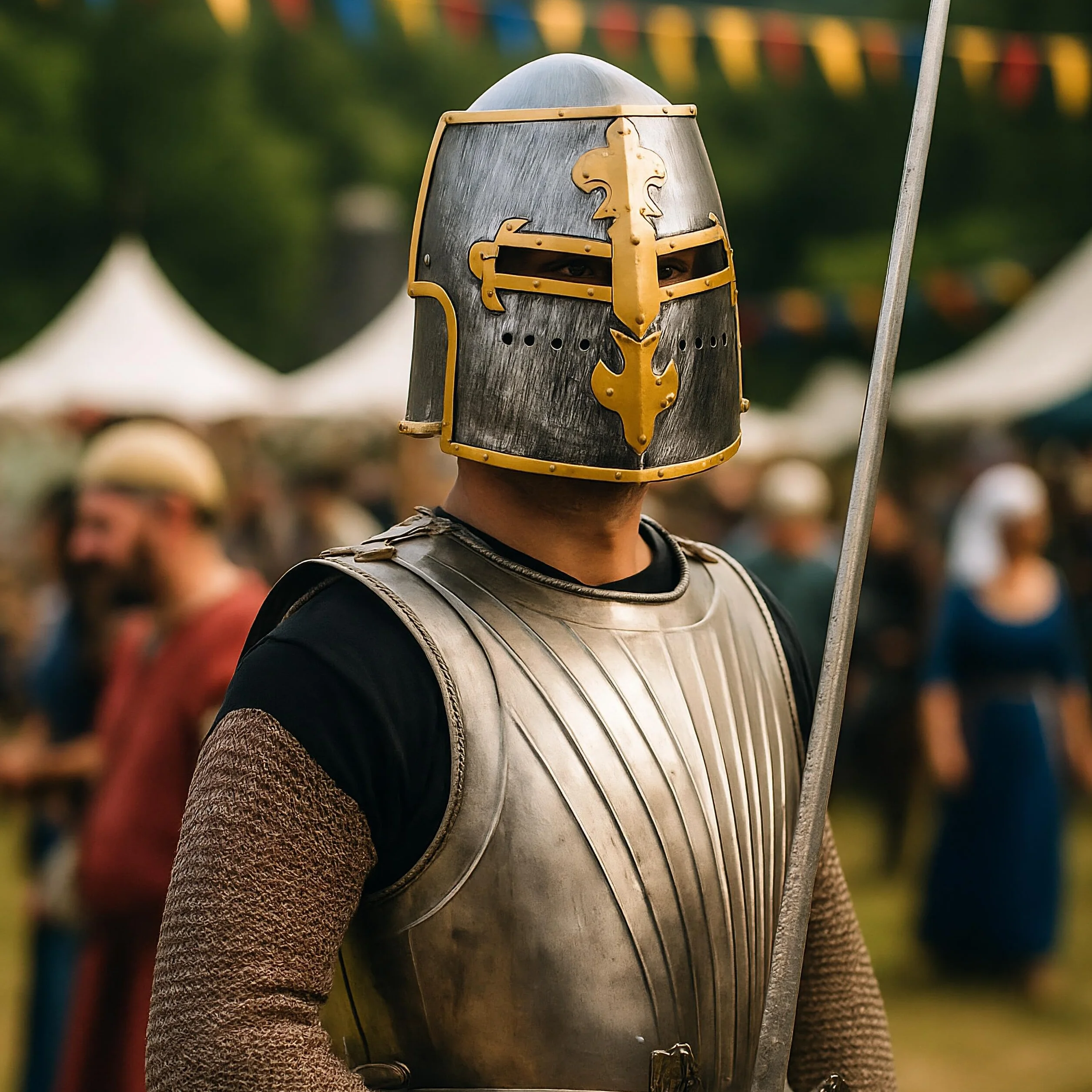 Relaxdays Kask Ritter ze składanym wizjerem, na karnawał i karnawał, średniowieczny kask garnkowy, tworzywo sztuczne, srebrny/złoty