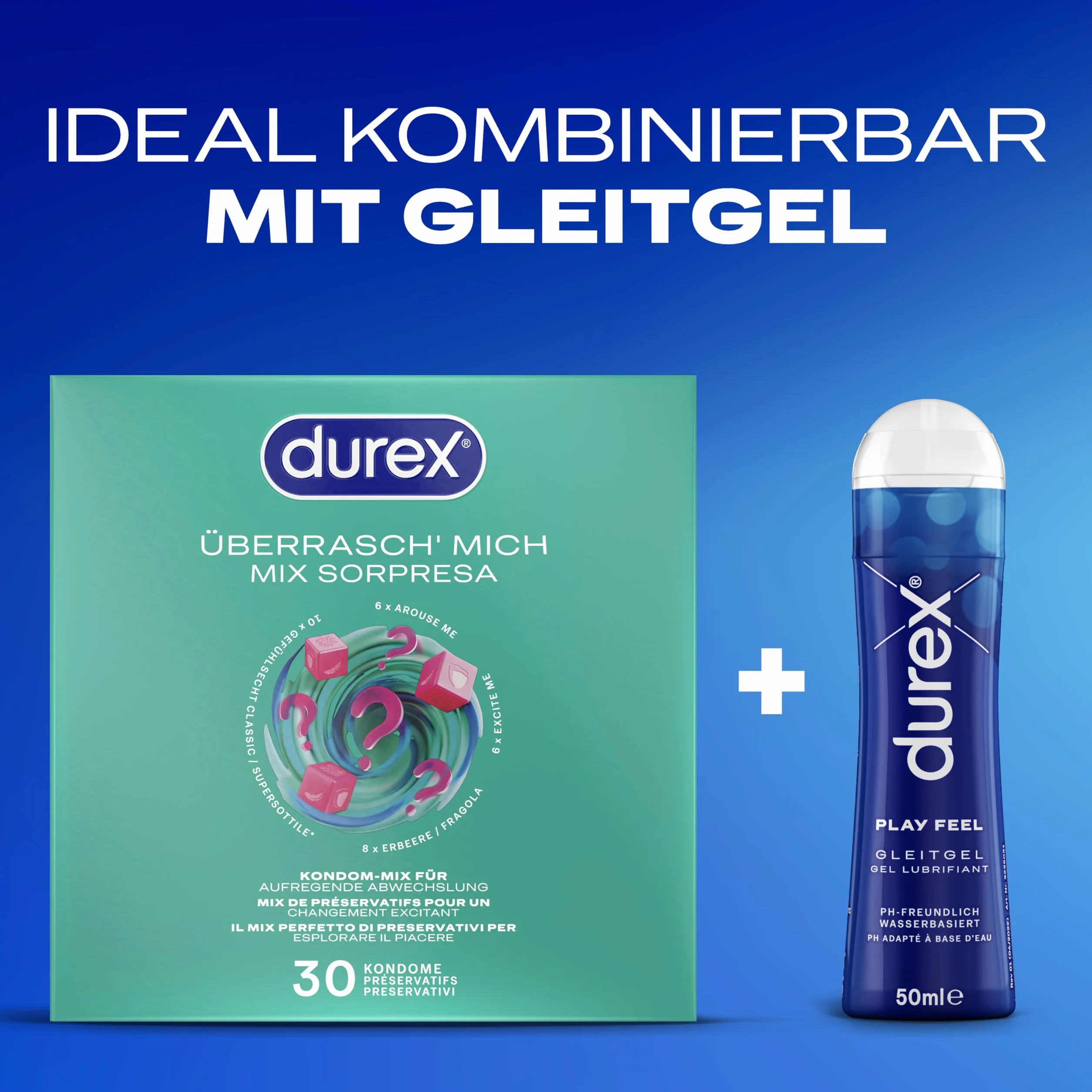 Durex "Mich prezerwatywy – ekscytująca różnorodność dla jeszcze większej zabawy – zestaw mieszany – pakiet próbny – JGA – duże opakowanie 30 sztuk (1 x 30 sztuk)