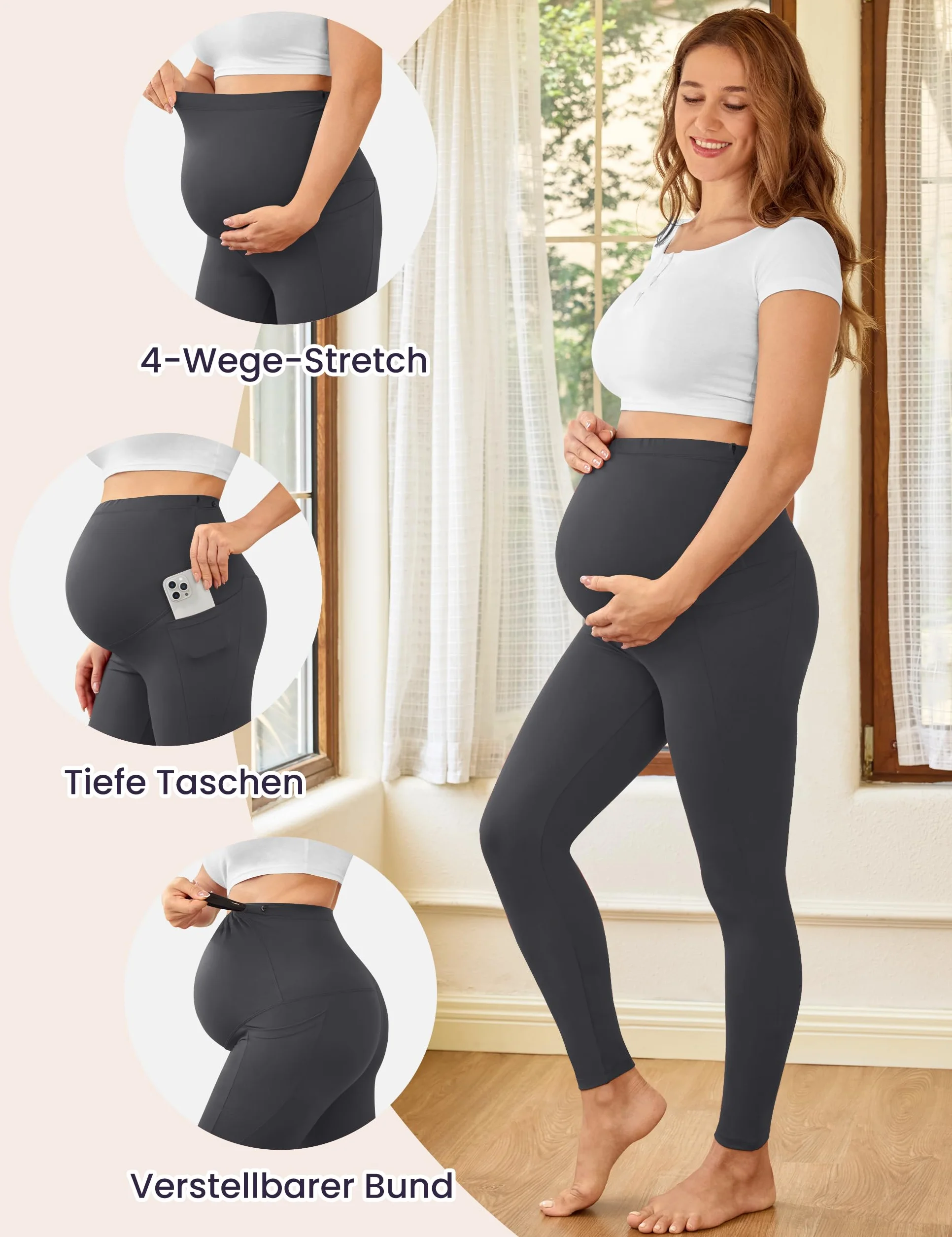 BAYDI Creamlush damskie legginsy ciążowe z kieszenią, wysoki stan, legginsy ciążowe, miękkie, elastyczne, moda ciążowa, do domu, jogi