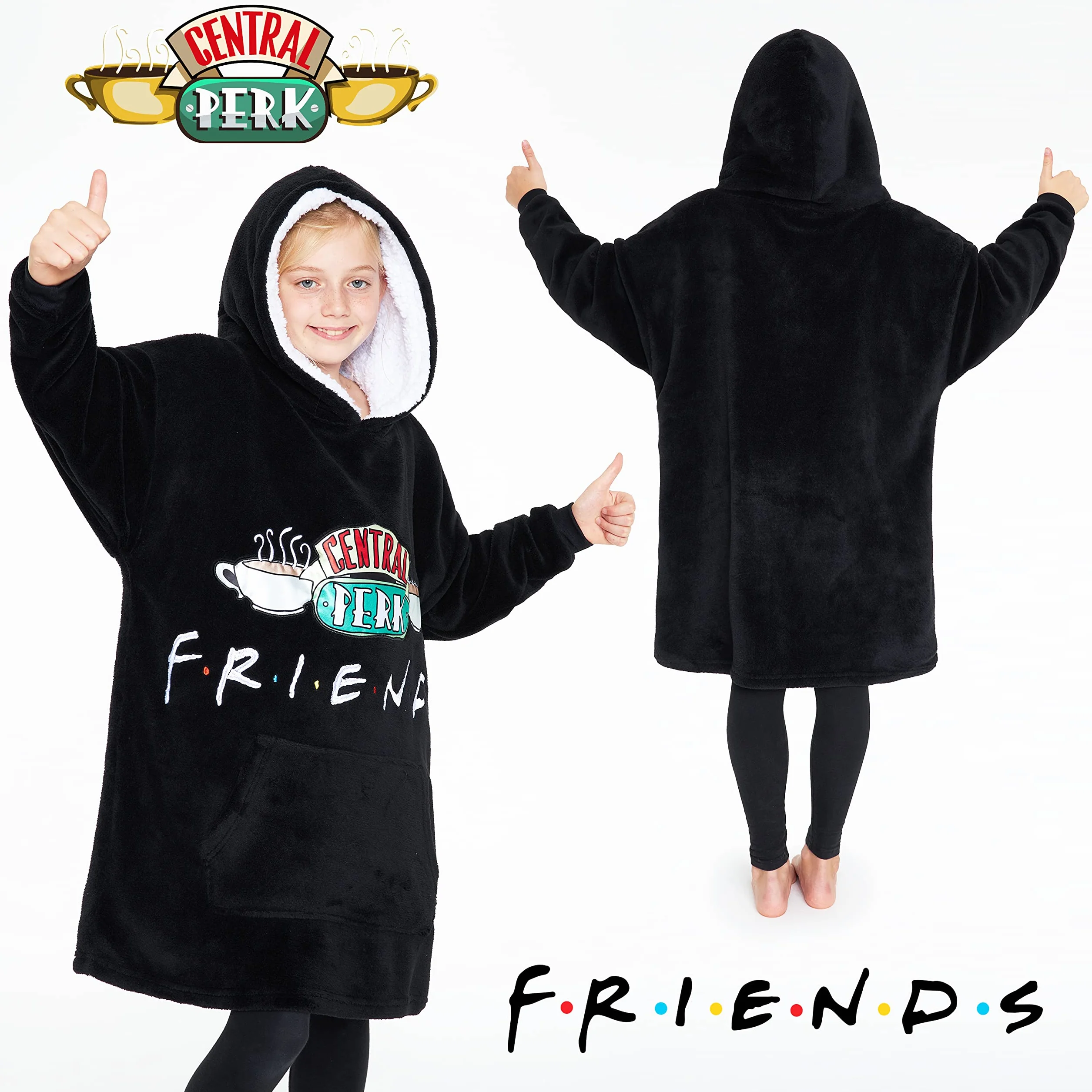 Friends Bluza z kapturem dla dziewcząt nastolatek, polar oversize bluza z kapturem koc 7-14 lat czarny