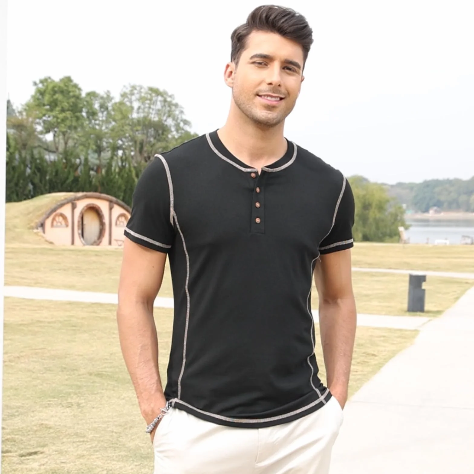 Męska koszulka z długim rękawem Długa bawełniana koszulka Henley z golfem Codzienna koszulka M-2XL