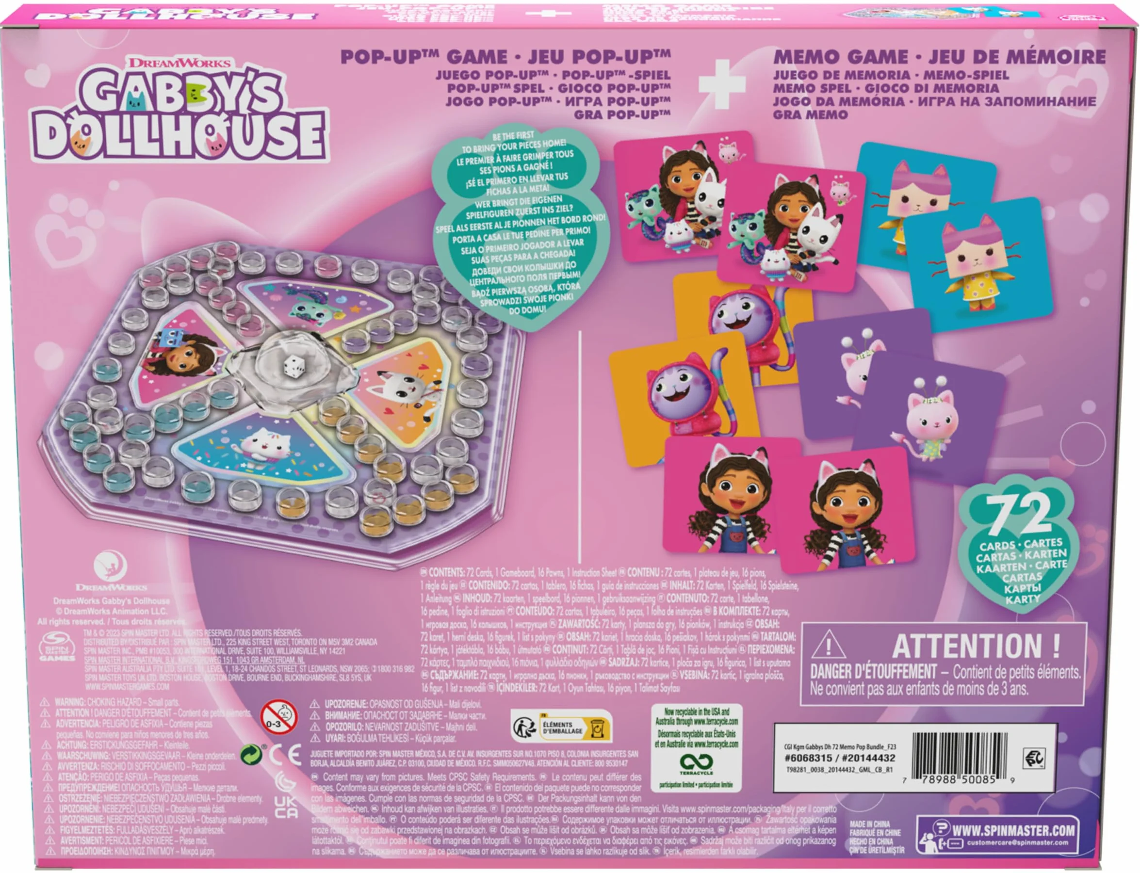 Gabby's Dollhouse Sorry Pop Up i Memo gra – dwie klasyczne gry w jednym zestawie, Sorry (Pachisi) z kostką pop-up i 72 kartami memo z popularnymi postaciami Gabby, od 4 lat, dla 2-4 graczy