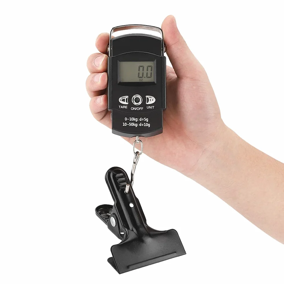 50KG/10G Waga Rybna, Elektroniczna Waga z Taśmą Mmeasure Przenośna Elektroniczna Cyfrowa Waga LCD z Hakiem na Taśmę Mierniczą do Torby na Sprzęt, Bagażu, Bagażu