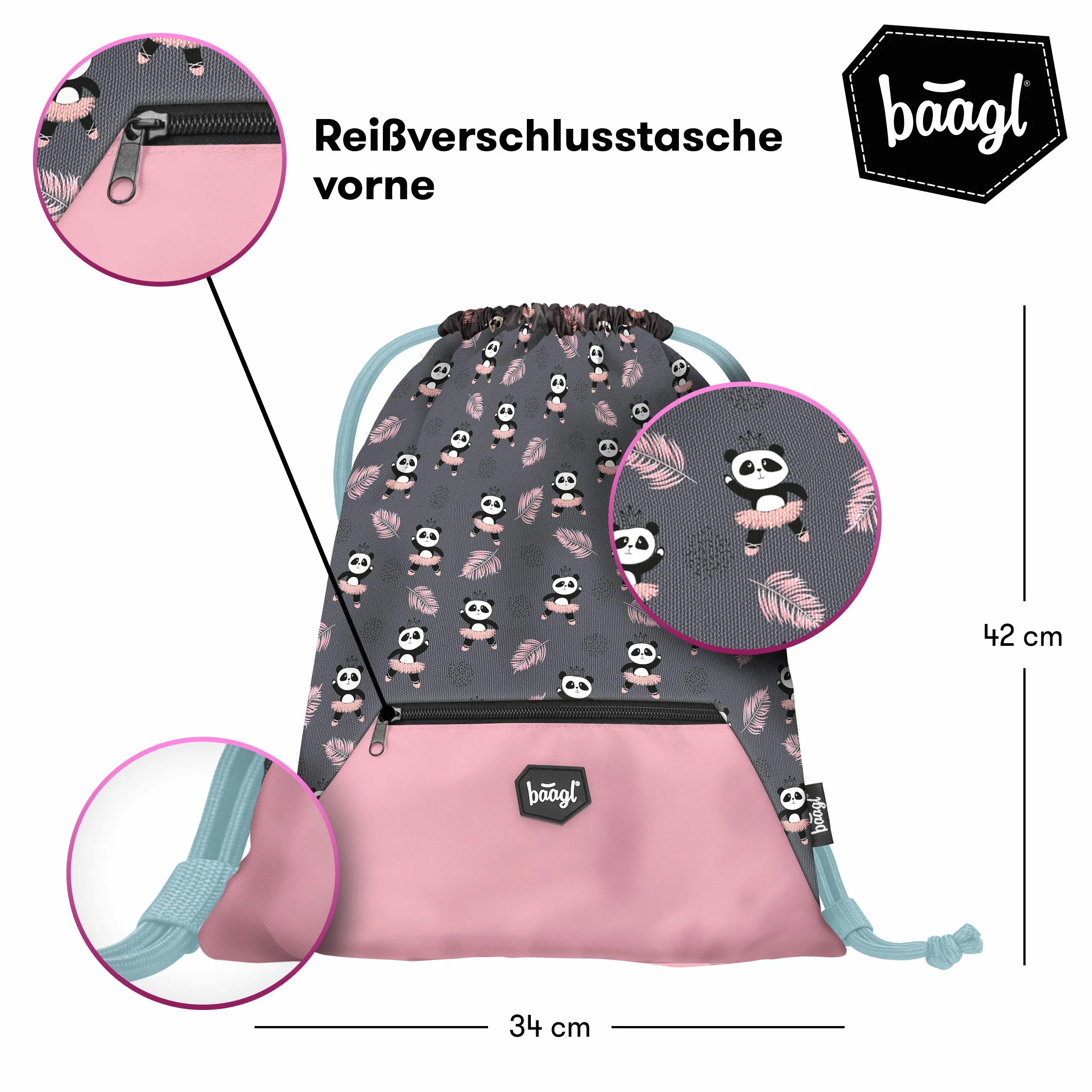 Schulranzen Mädchen Set 5 Teilig - Schultasche ab 1. Klasse - Grundschule Ranzen mit Brustgurt - Ergonomischer Schulrucksack (Panda)