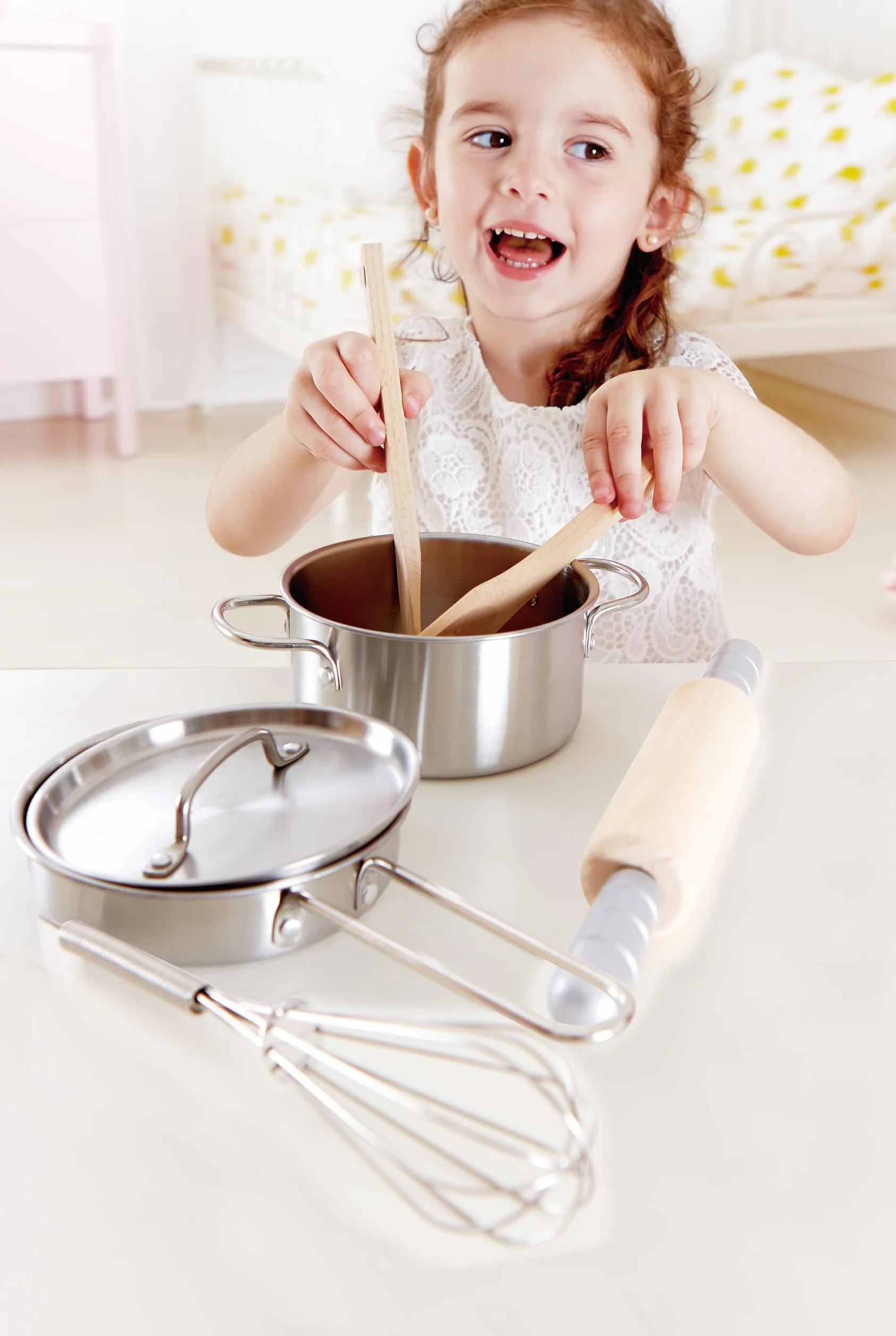 Hape E3137 Chef's Cooking Set - Child Safe Pots, Pans and Utensils - Wooden Kitchen Accessories
