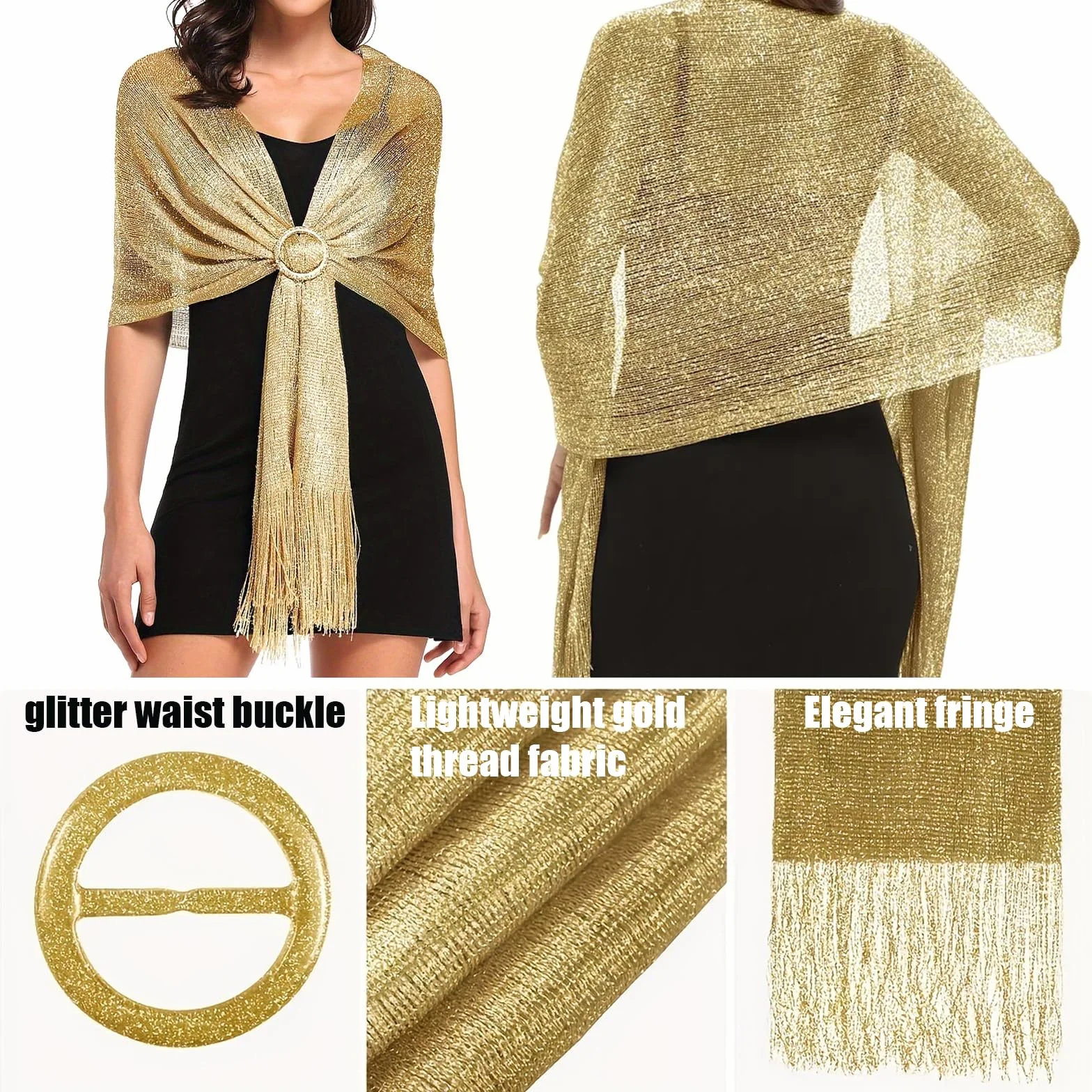 JSTHHTT 2-częściowy szal damski elegancki szal srebrny koc z frędzlami vintage metaliczny szal stuła błyszczący damski na wesele, wesele, przyjęcie dla panny młodej