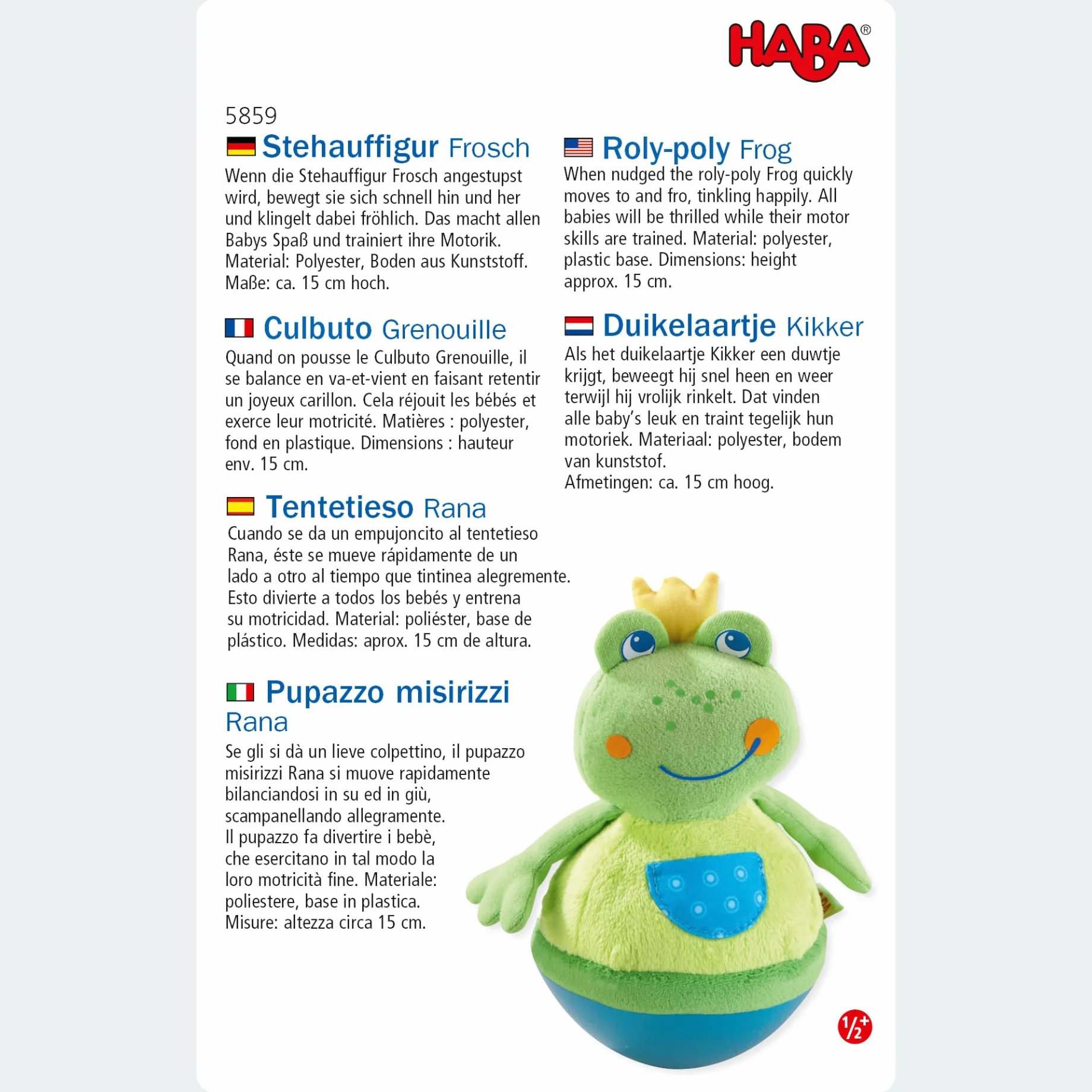 Haba 5859 - figurka Stehauff, zabawka dla niemowląt i małych dzieci, od 6 miesięcy, zabawka motoryczna z miękkiego weluru z zabawnym efektem kołysania się i dzwonka, zielona