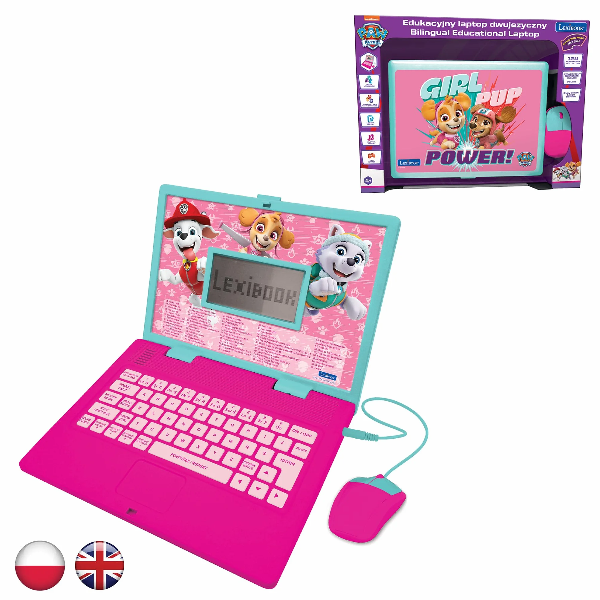 Lexibook, Psi Patrol, Dwujęzyczny Komputer Edukacyjny Angielski, Polski, Zabawka dla Dzieci z 124 Aktywnościami Językowymi, Pisaniem, Matematyką, Logiką, Muzyką i Grami, Różowy, JC598PAGi17