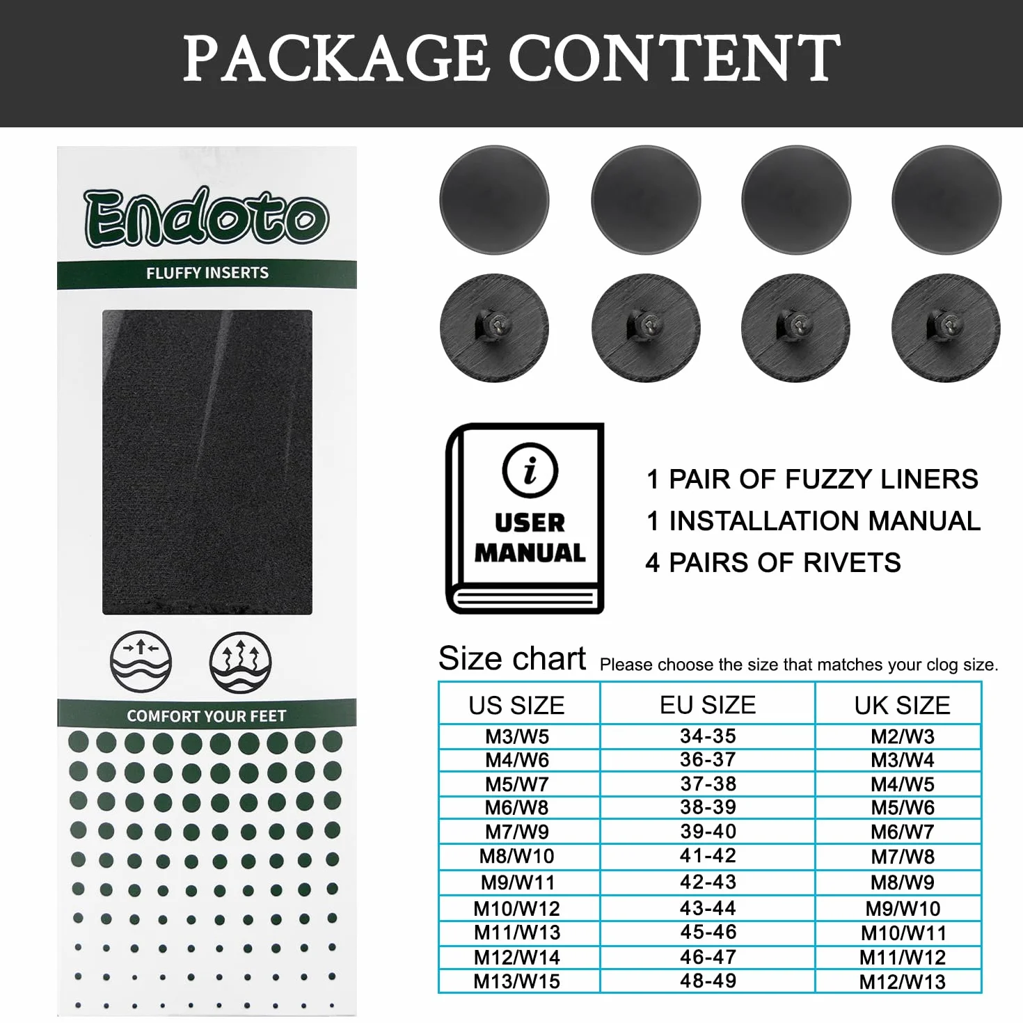 Endoto Wkładki do Crocs(Wersja Zimowa) Clog Butów, Zamiennik Wkladka Zamienne Pluszowa Podszewka Insoles Replacement Insert(Czarny)