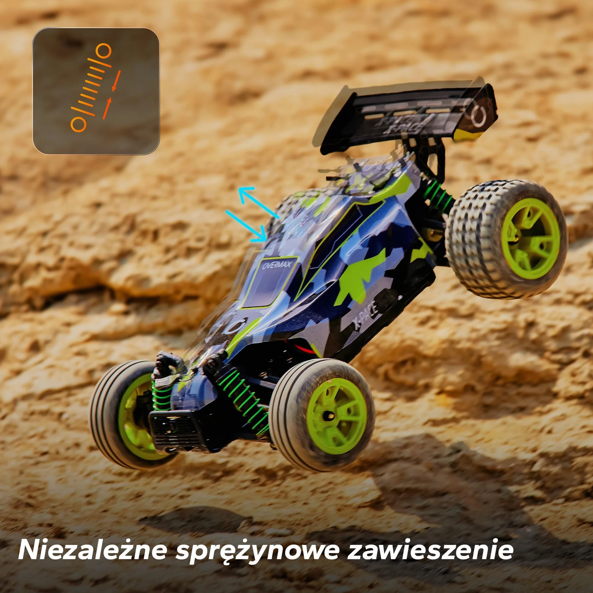 Samochód Zdalnie Sterowany OVERMAX X-Pace 4x4, Skala 1:18, Prędkość 45km/h, Zasięg 100m, Bateria Li-ion 850mAh, LED, Niezależne Zawieszenie, Wyczynowe Opony
