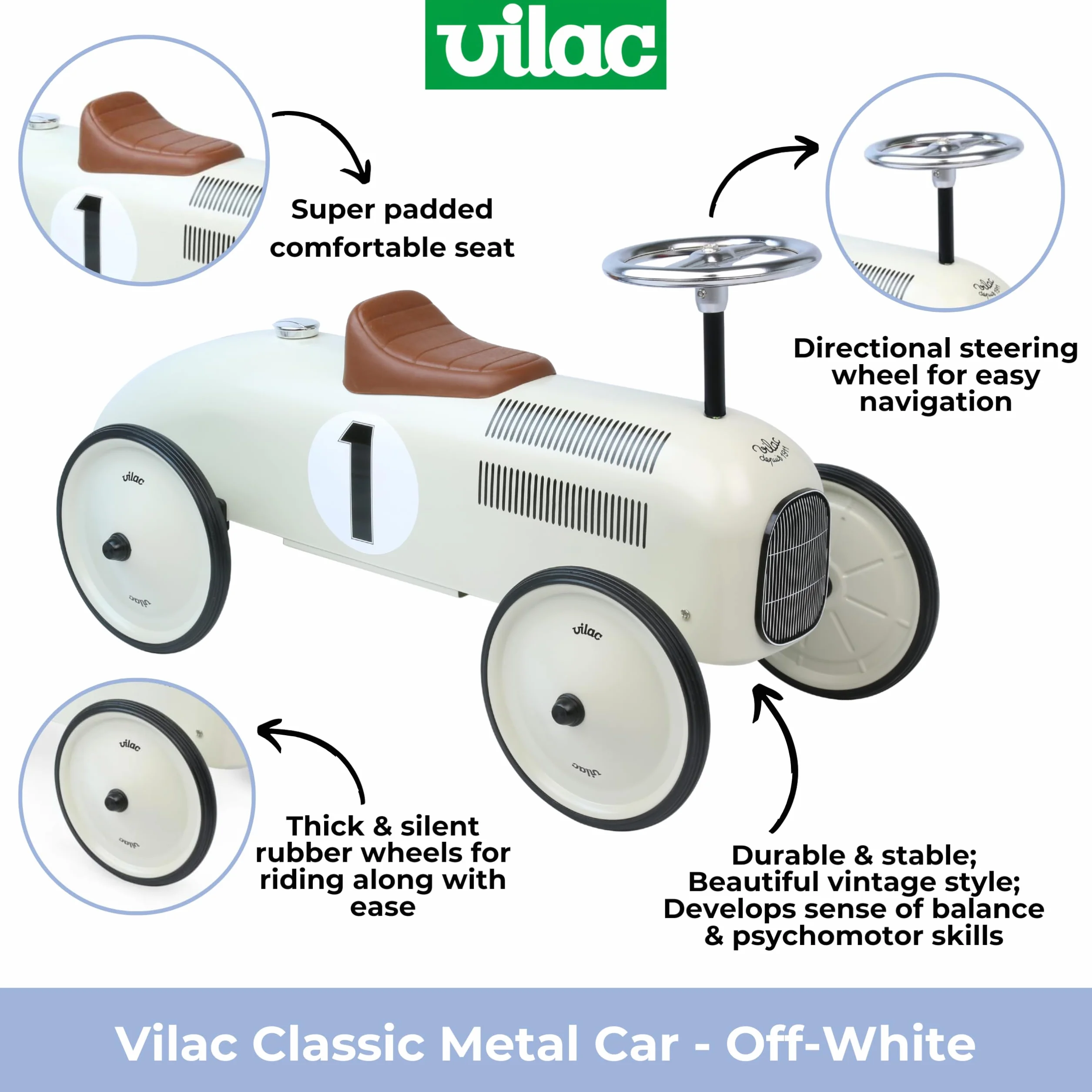 Vilac 1102 Vintage Ride on Car wytrzymały metalowy korpus, stabilne, ciche, duże gumowe kółka, rozwija równowagę, koordynację, waży 4,5 kg, dla dzieci w wieku od 1,5 do 3 lat, dzieci poniżej 20 kg,