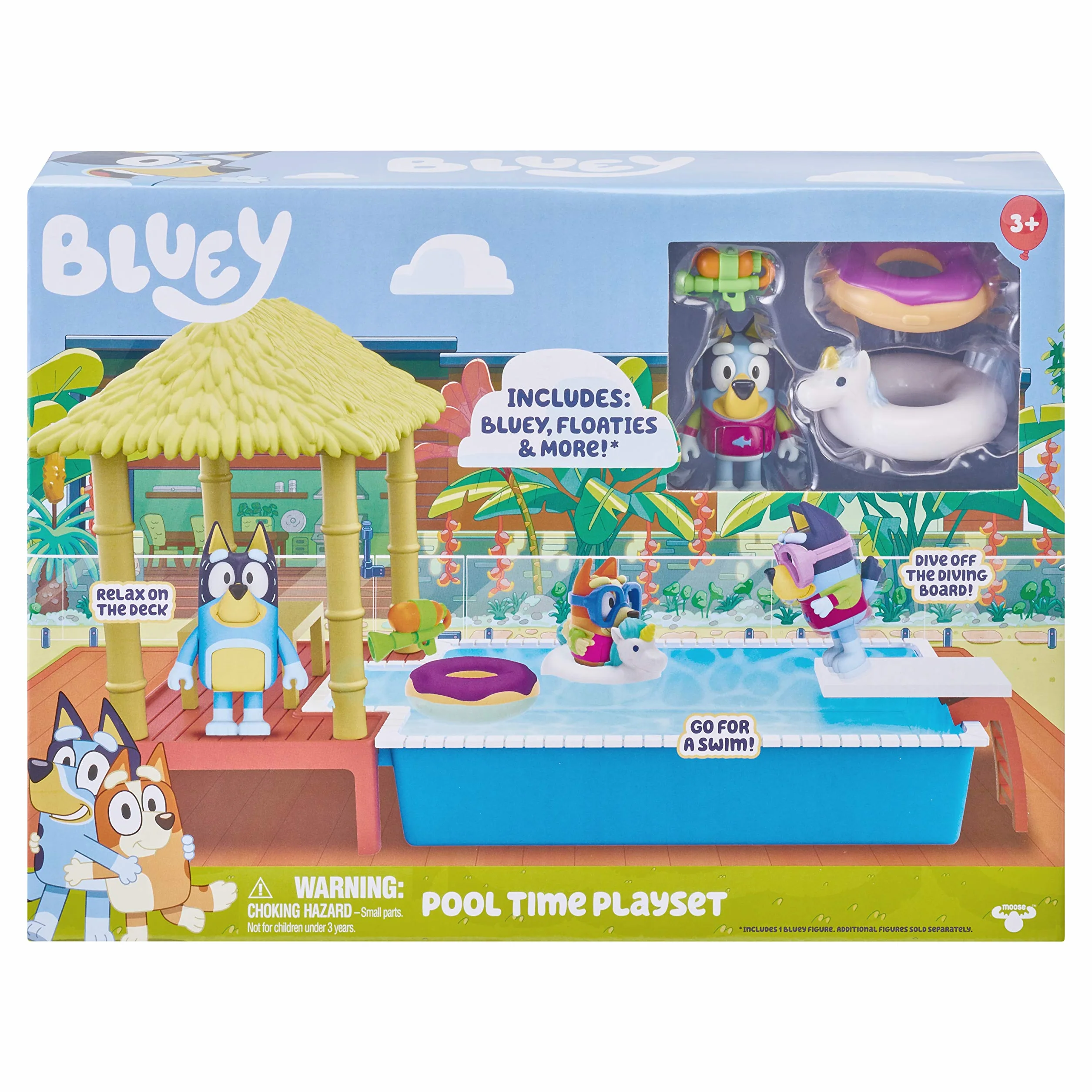 Bluey Pool Time Fun Playset: Bluey figure in Swim Suit, Pool with Diving Board and Deck and 4 Pool Accessories