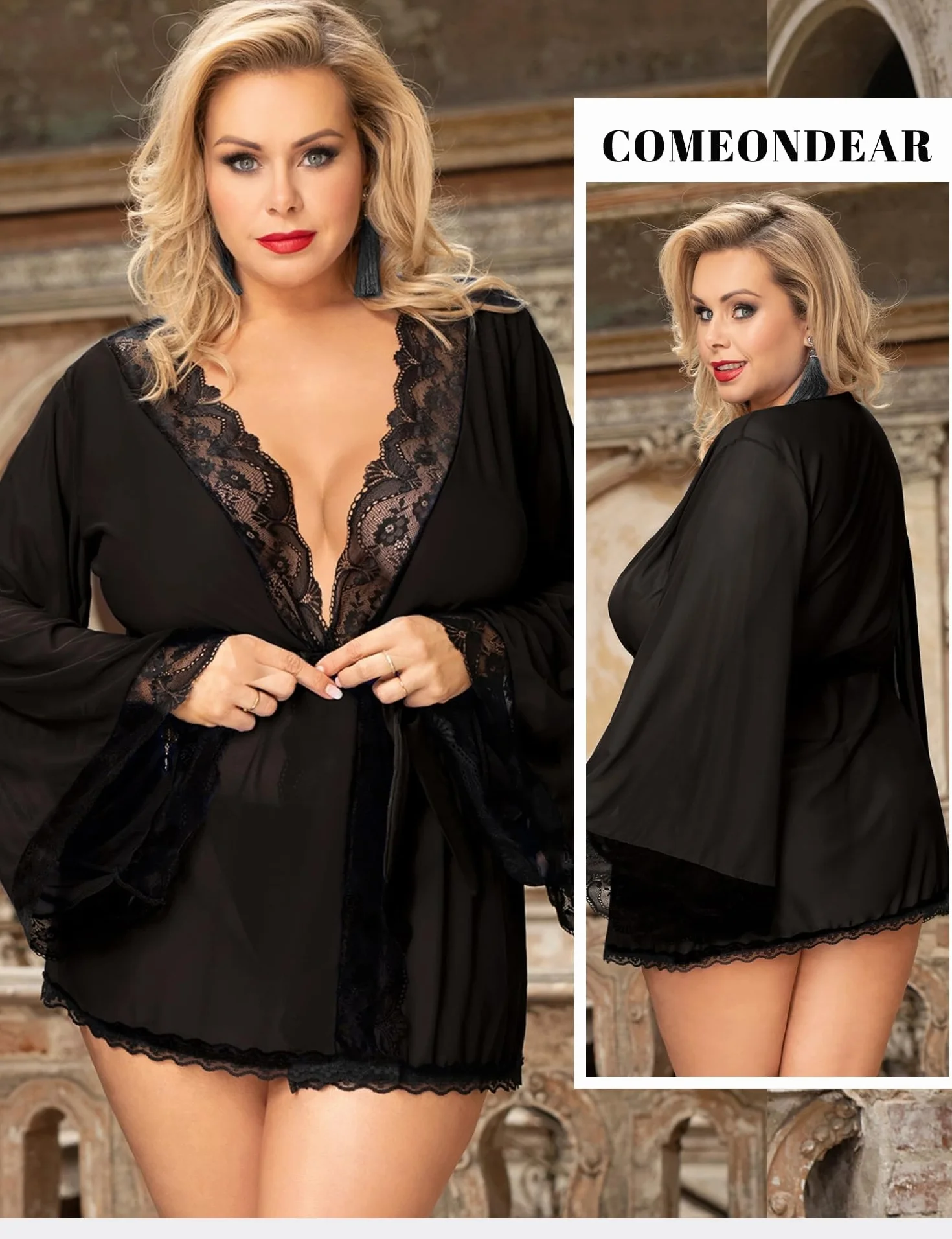 comeondear Kimono damskie seksowne koronkowe erotyczny szlafrok poranny krótki piżama dla kobiet, pulchne negliże, duże rozmiary, bielizna Curvy, przezroczysta, babydoll, płaszcz nocny z paskiem,