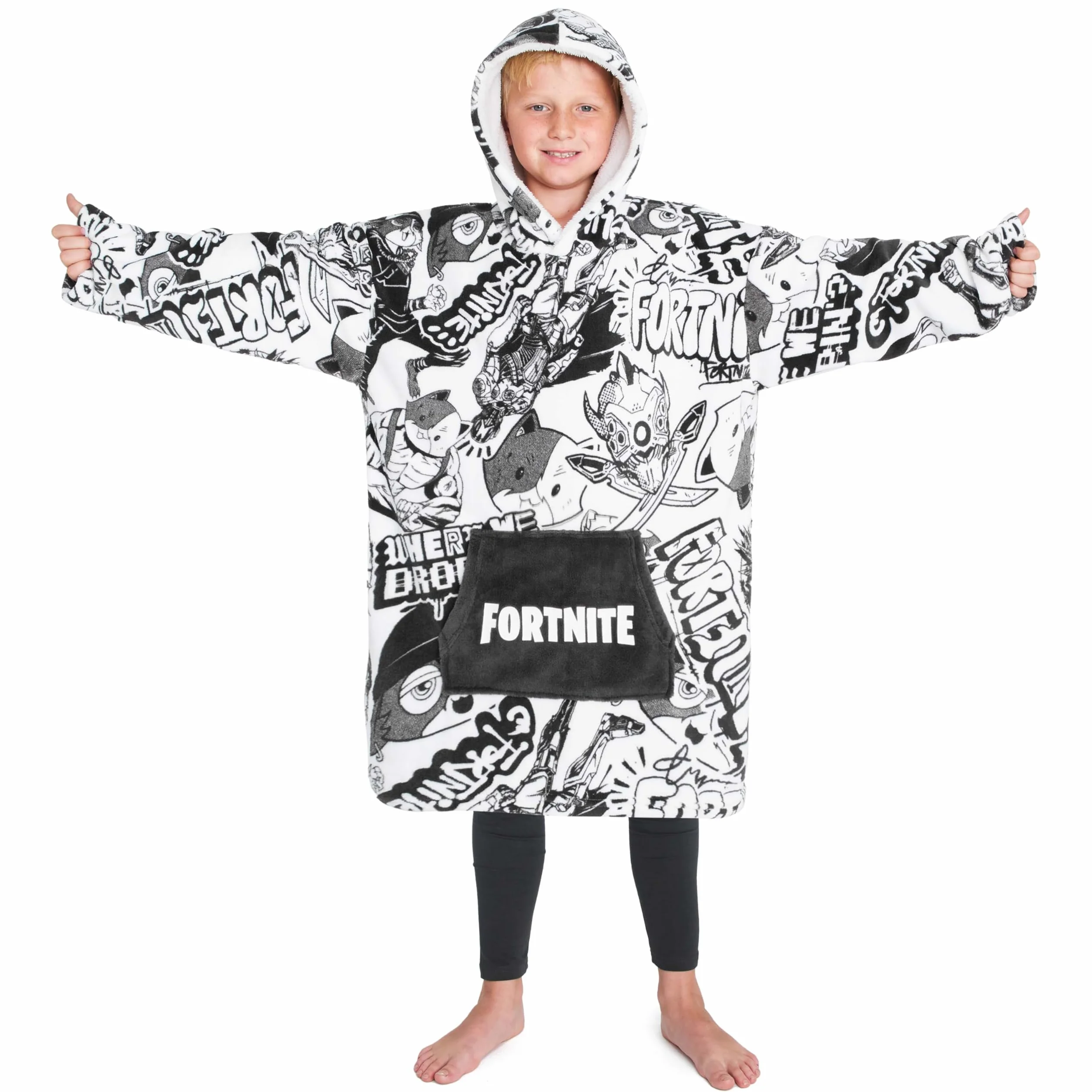 Bluza z kapturem dla dzieci Fortnite, bardzo duży rozmiar, miły koc z rękawami, ciepły polar, bluza dla graczy, przenośny koc z rękawami, szary, jeden rozmiar