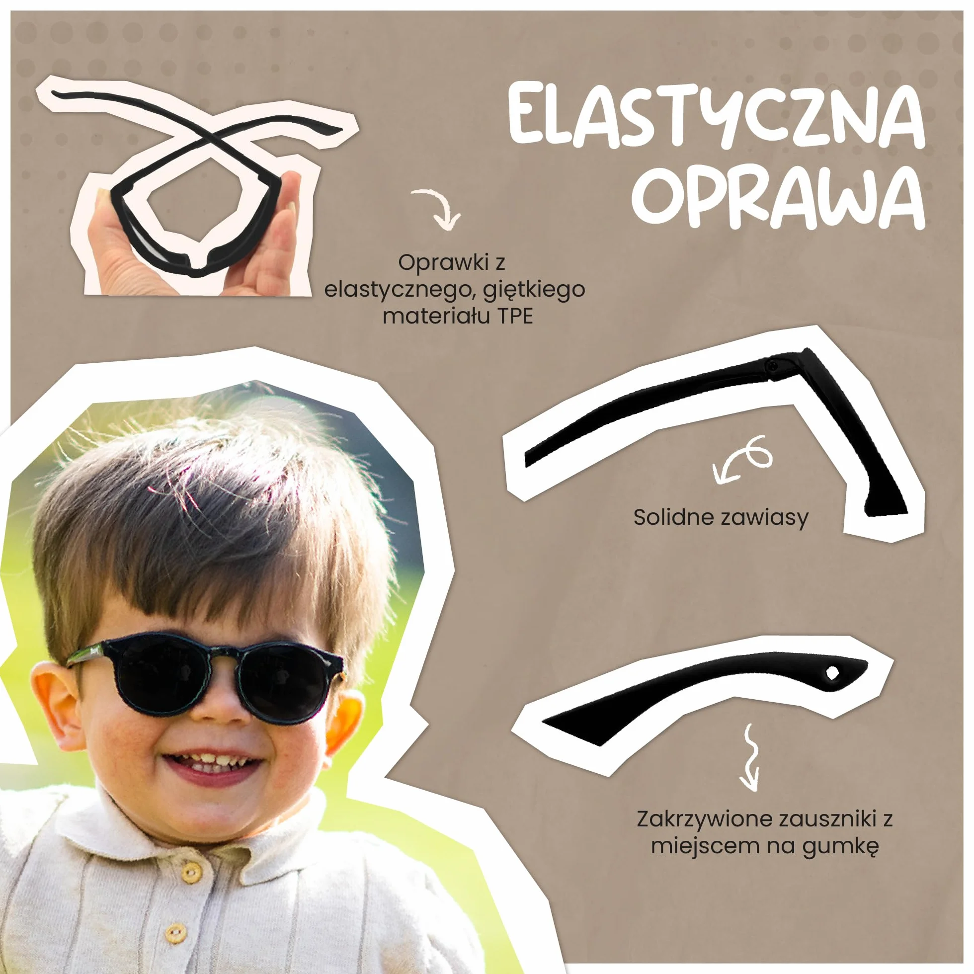 dziecięce okulary przeciwsłoneczne Bowi - 1-3 lata - elastyczne - regulowana gumka - ochrona polaryzacyjna UV400 - maluch i przedszkolak - chłopcy i dziewczynki - okrągłe