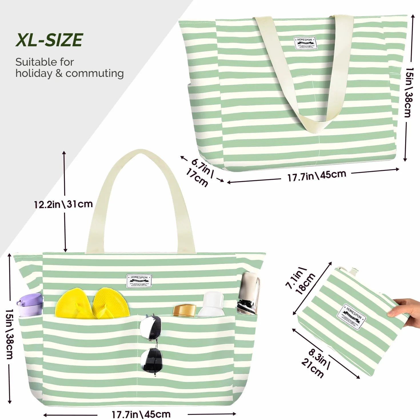 HOMESPON Duża torba plażowa damska z zamkiem błyskawicznym, wodoszczelna torba kąpielowa, XXL, rodzinna torba plażowa, Biały i zielony w paski, 45 x 17 x 38 cm, Współczesny