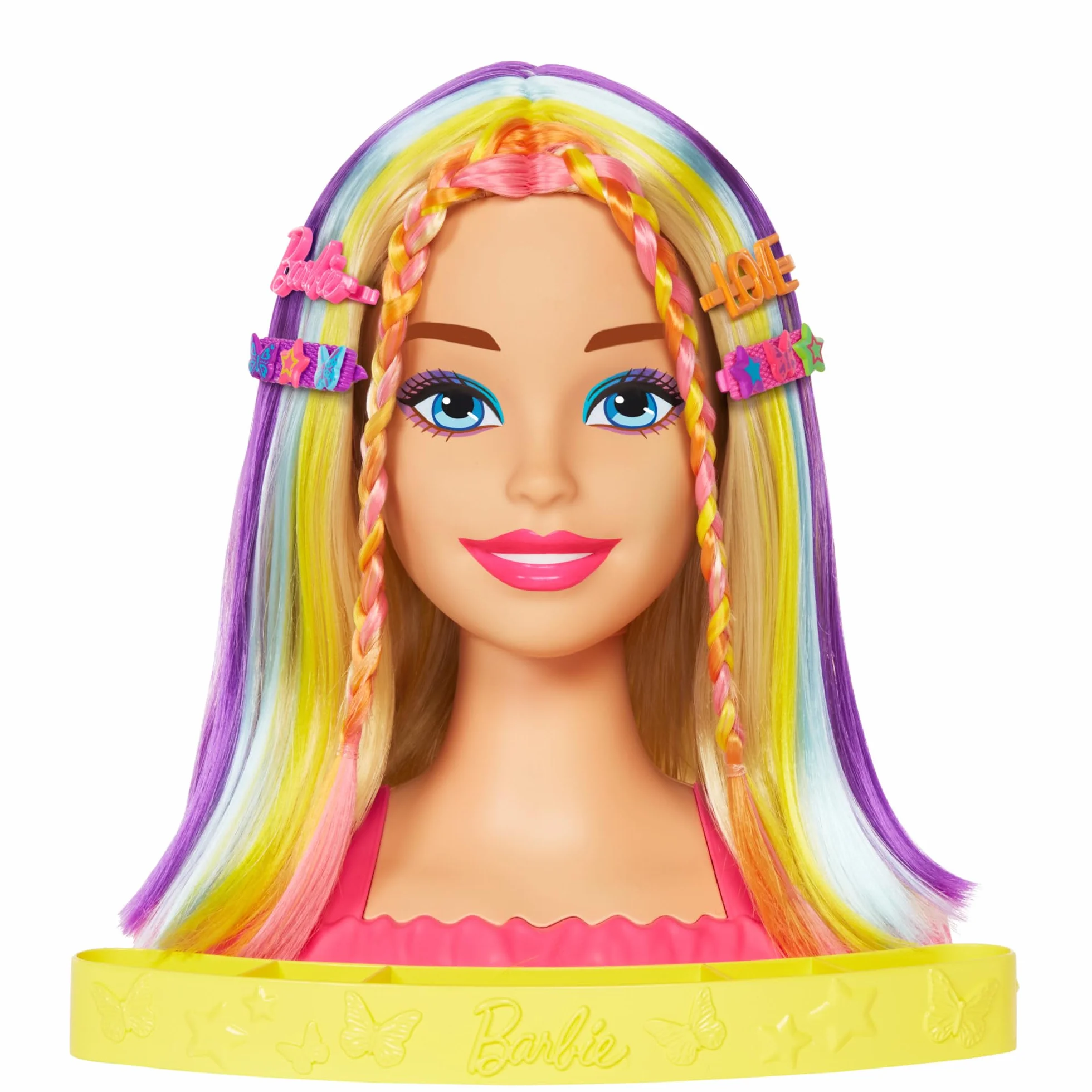 Barbie Totally Hair Głowa do stylizacji deluxe z prostymi blond i neonowo-tęczowymi włosami + akcesoria Color Reveal, HMD78