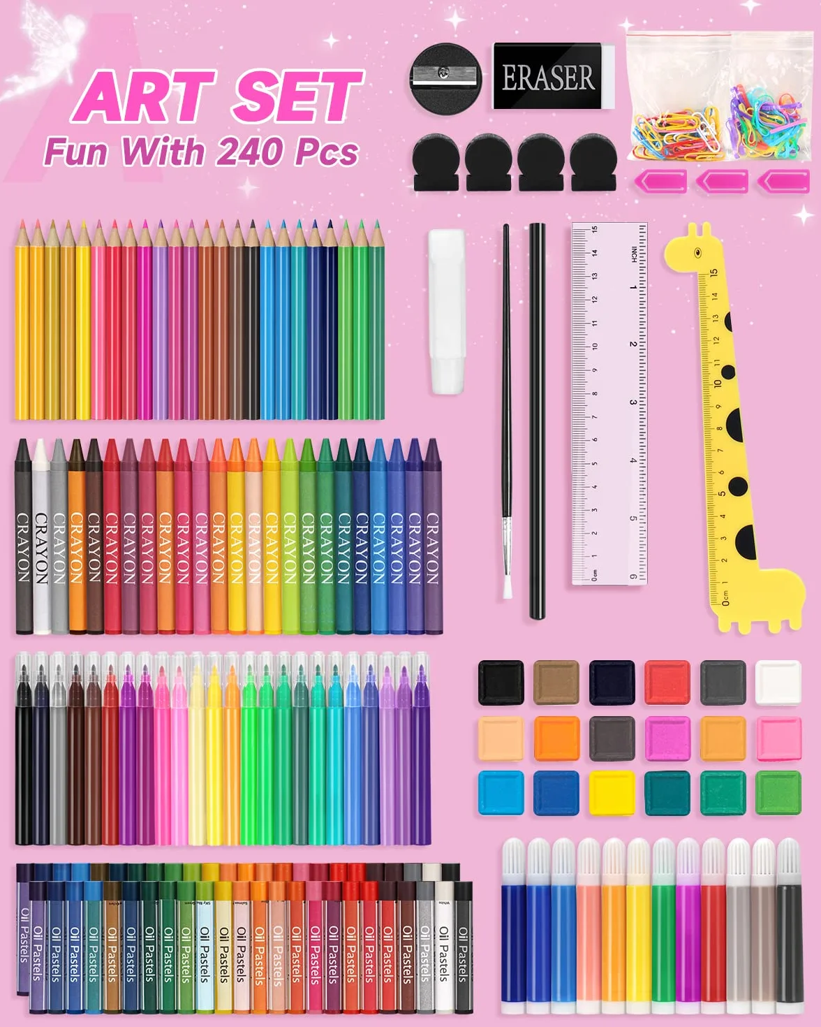 240 szt. Zestaw artystyczny, zestaw do rysowania WEEKSUN z kredkami, pastelami olejnymi, kredkami, ołówkami do szkicowania, akwarelowym ciastem itp., materiały artystyczne prezent dla dzieci
