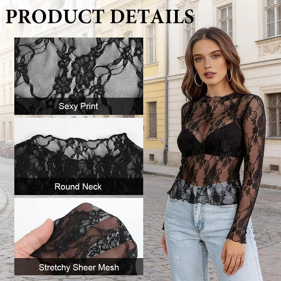 Damski seksowny top z przezroczystej siatki, koronkowa koszulka z długim rękawem, szykowny i elegancki kwiatowy top z siatki, tiulowa koszula na imprezę klubową